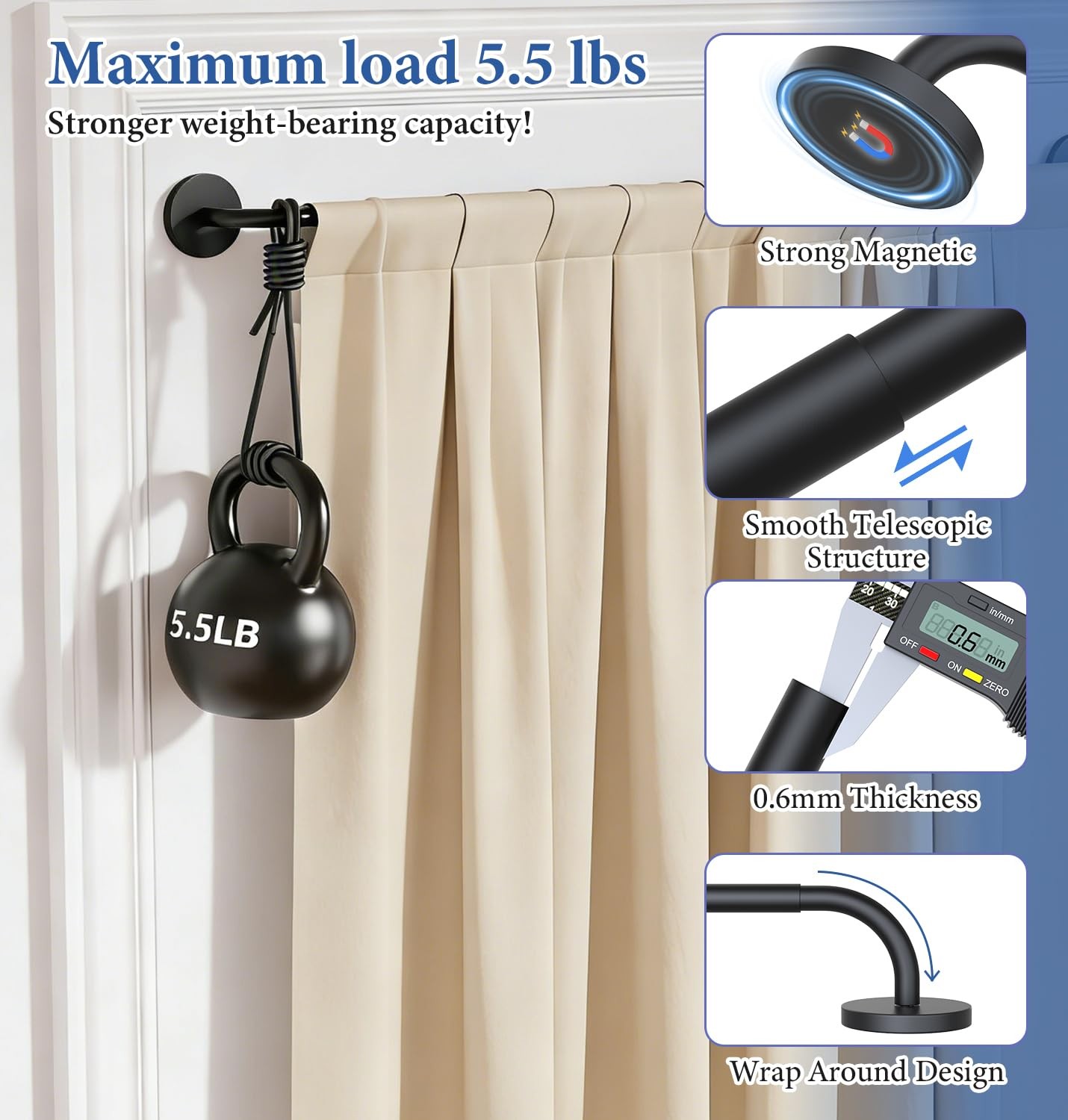 2PACK Magnetic Curtain Rod Adjustable 18 To 30 Inch For Metal Doors Black