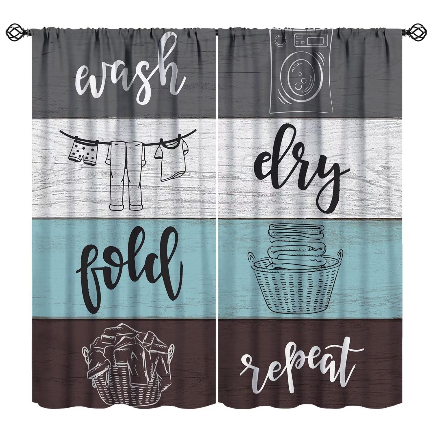 Laundry Room Curtains,Dry Wash Fold Repeat Grey Blue White Brown Farmhouse Wo…