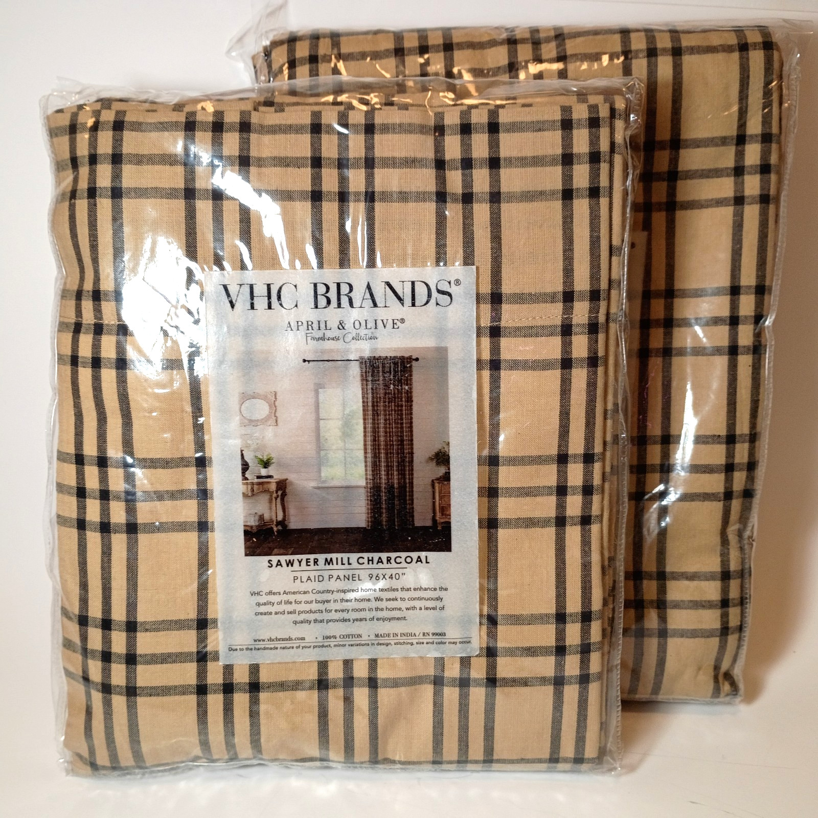 VHC Brands 96″x40″ Plaid Panel Pair Sawyer Mill Charcoal Window Curtains
