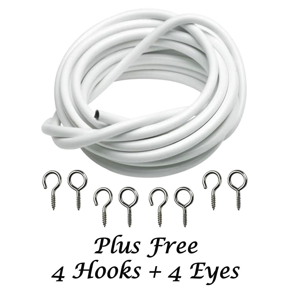 3m White Expanding Curtain Wire w/ 4 Hooks & 4 Eyes For Light Weight Curtains