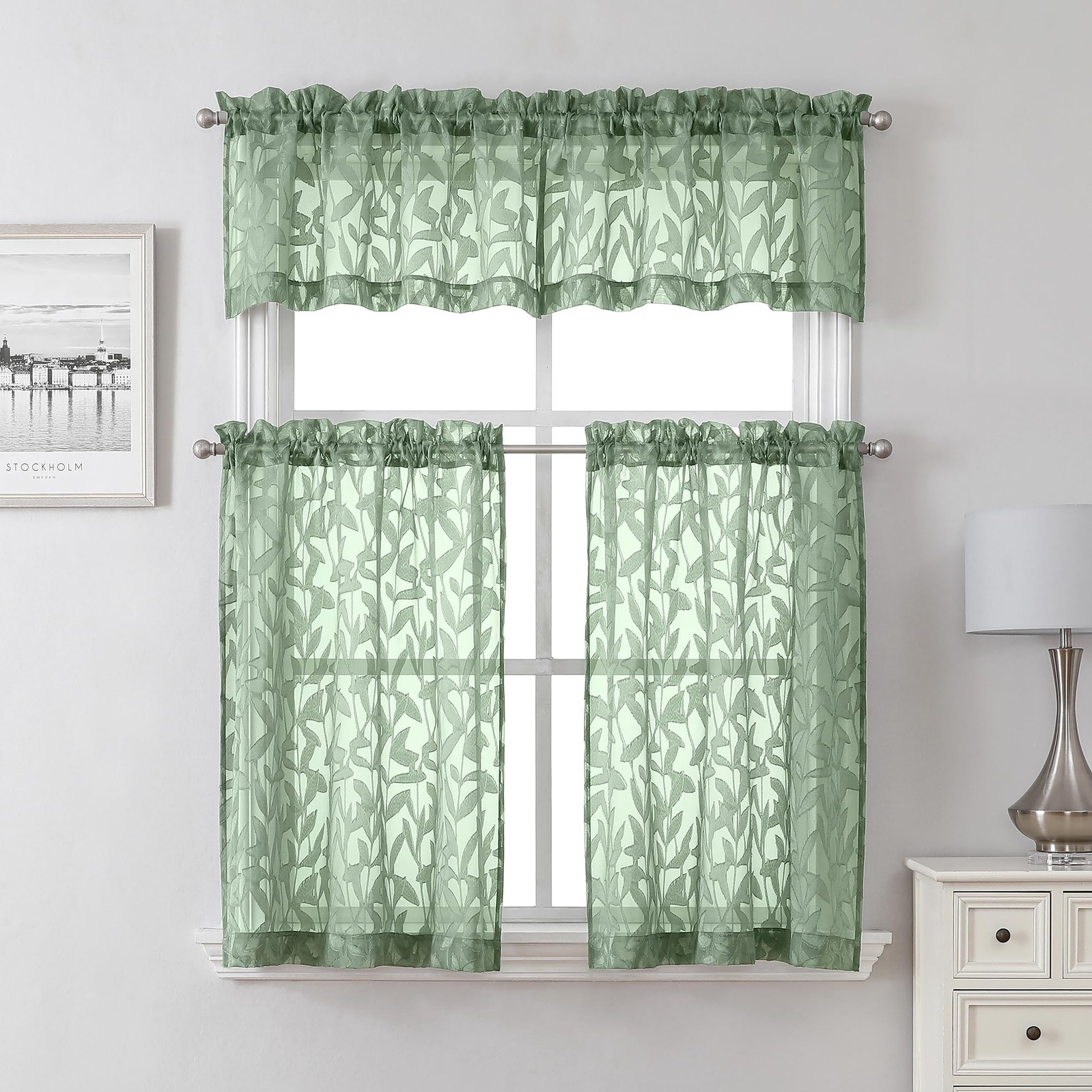 Leia 14 Inch Sage Valance for Window Green Sheer Curtains 2 PCS, Jacquard Tex…