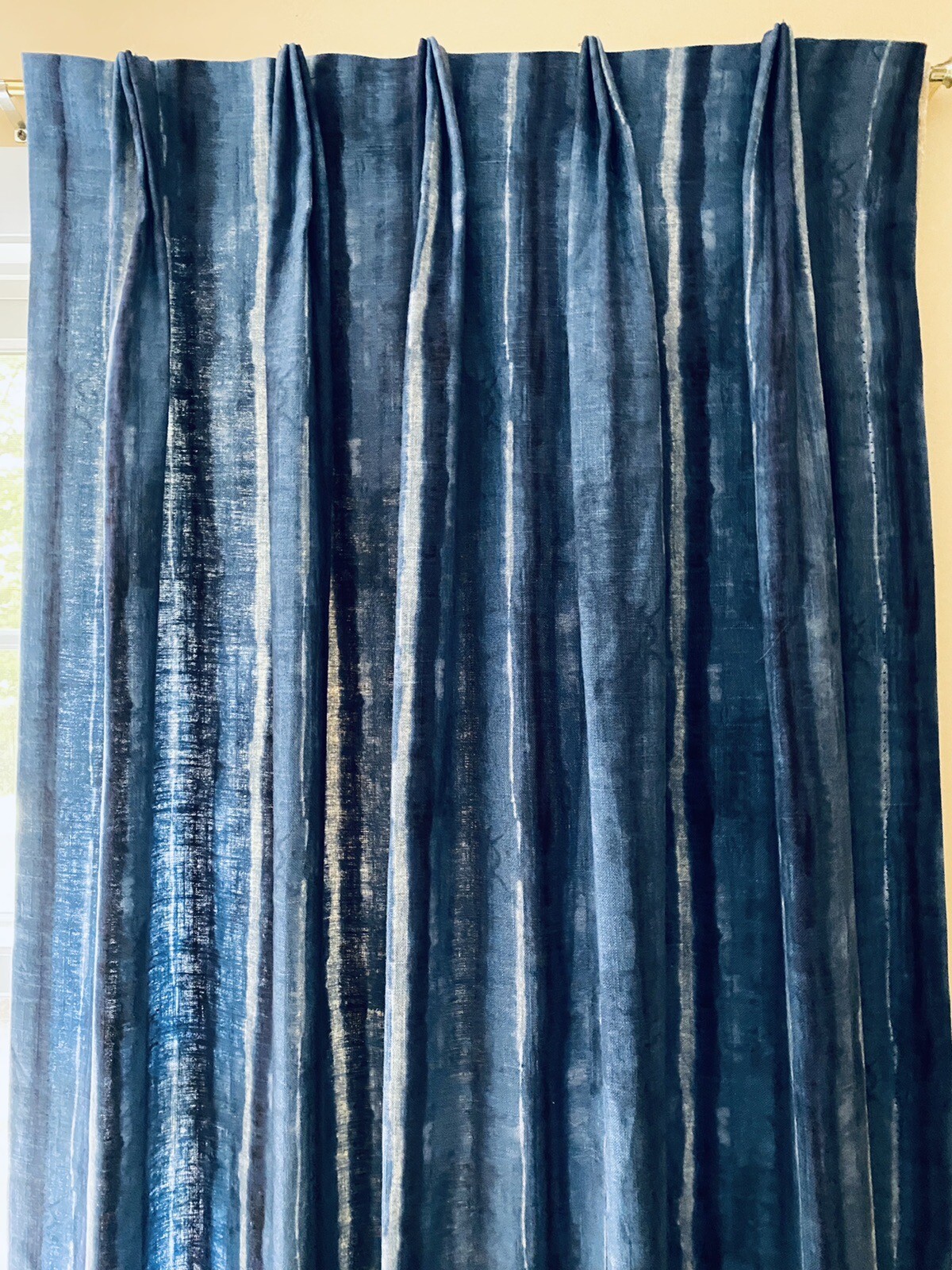 PAIR Custom DESIGNER Linen Indigo Blue Stripes Lined Panels DRAPES 91”x24”NEW
