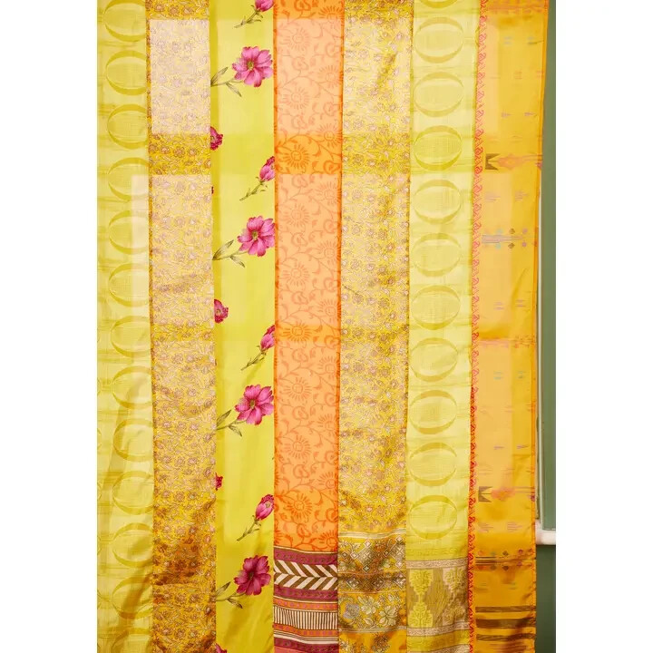 2 Pc Indian Old Recycle Silk Saree Boho Multi Curtain Door Drape Decor Curtain