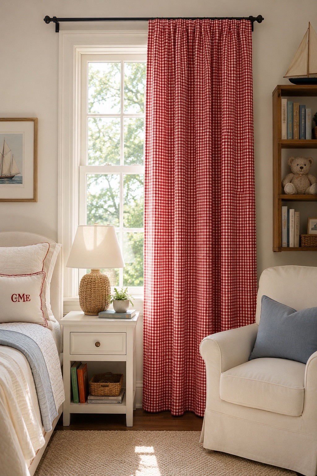 Pottery Barn Kids Red Gingham Curtain Panel 44×84 Cotton Window Drape Cottage