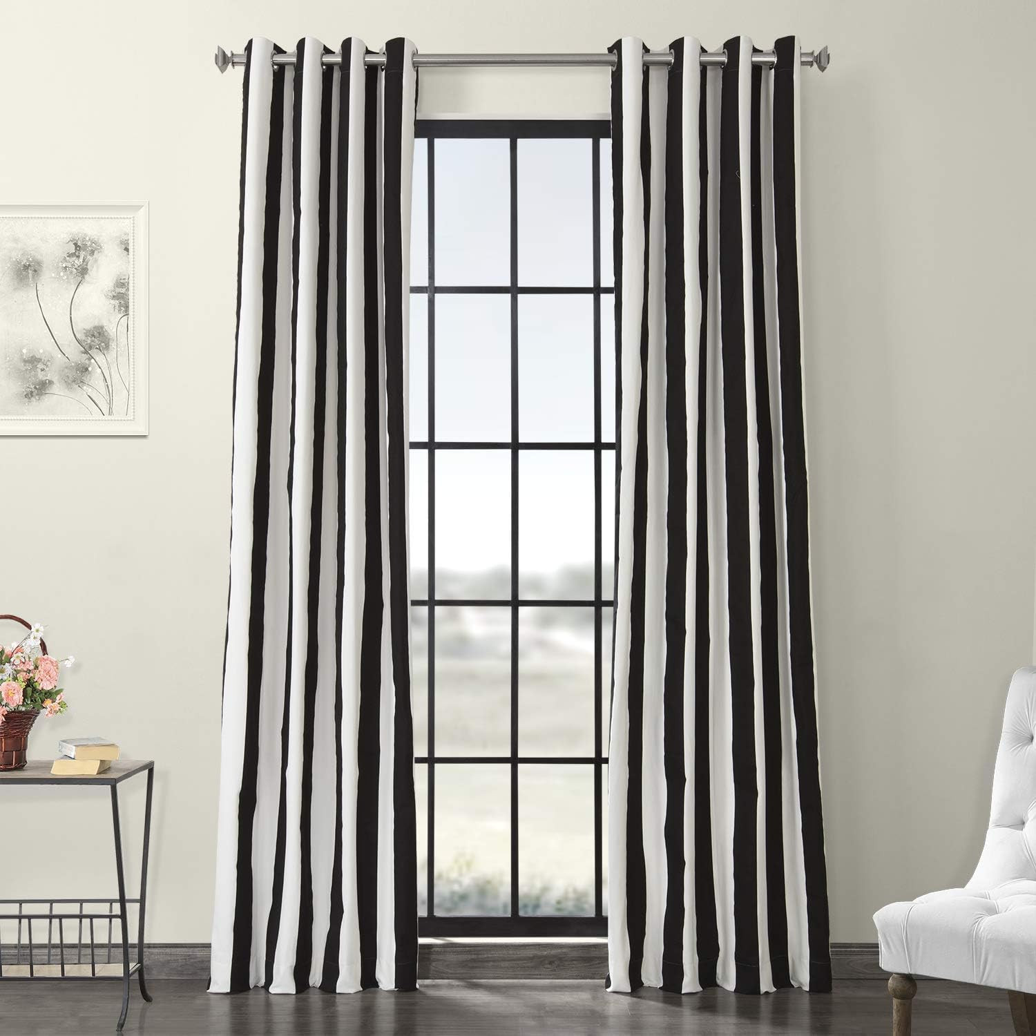 Luxury Black & White Stripe Grommet Curtains, 50×120 Inches, 1 Panel