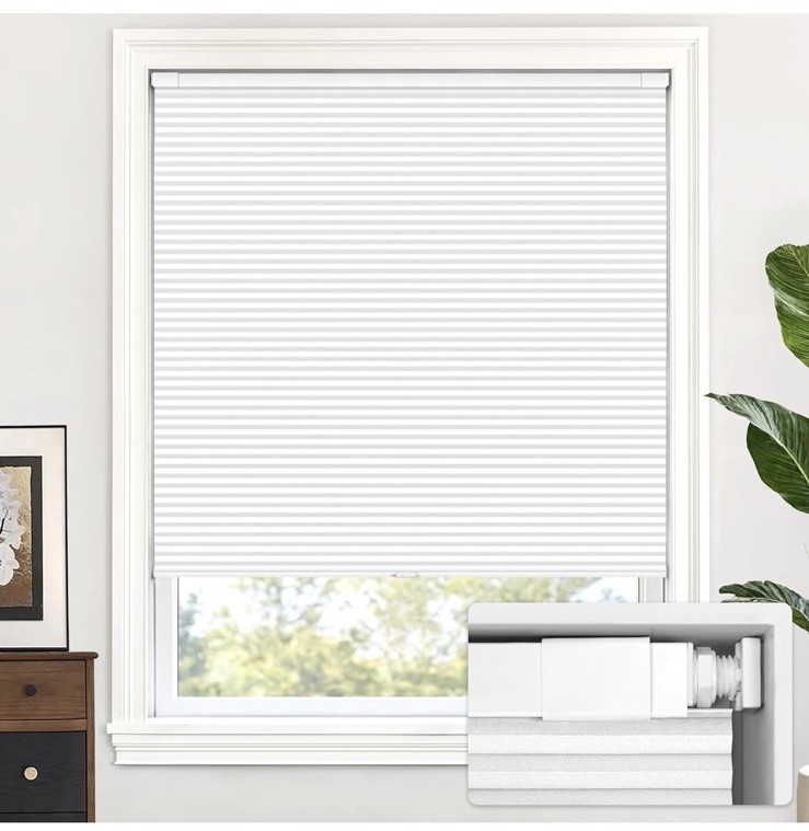 LazBlinds Cordless Cellular Shades No Tools No Drill 35” W x 64” H Silver White
