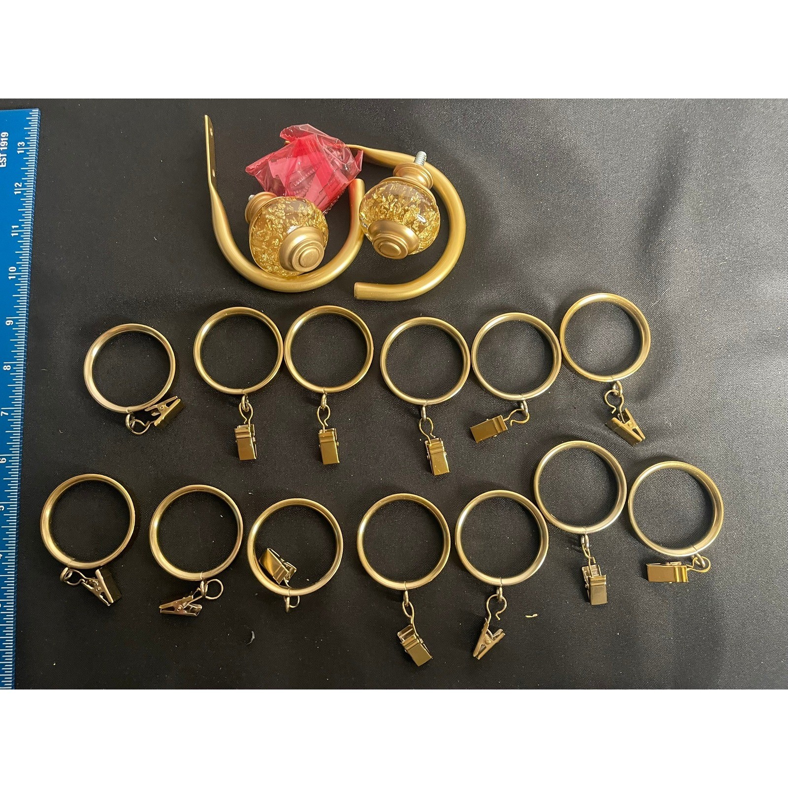 Gold Curtain Hardware Set 12 Clip Rings and 2 Glass Finial J-Hook Holdbacks