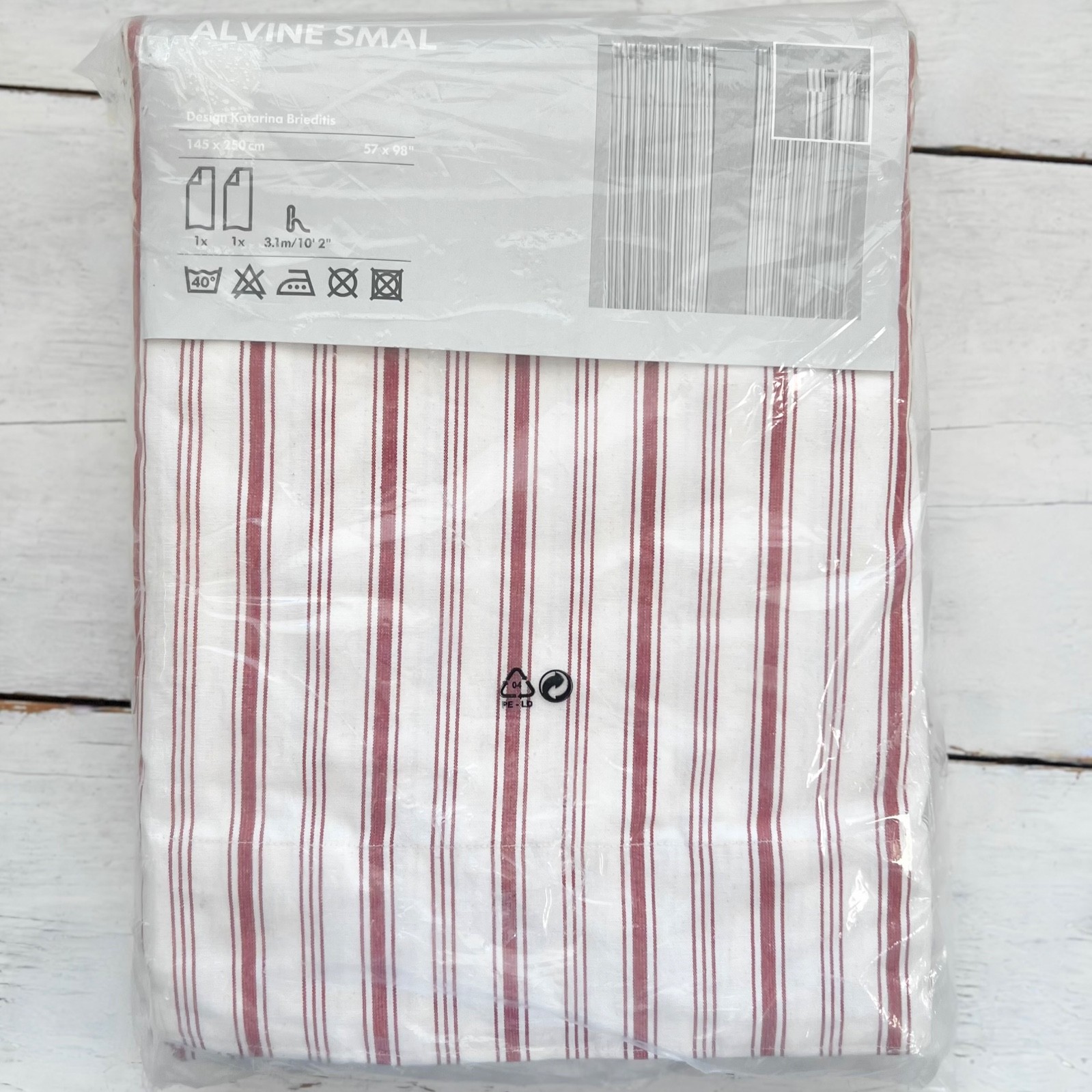 2 IKEA Alvine Smal Curtains Drapes Panels Red/White Ticking Stripe 57 x 98 NEW