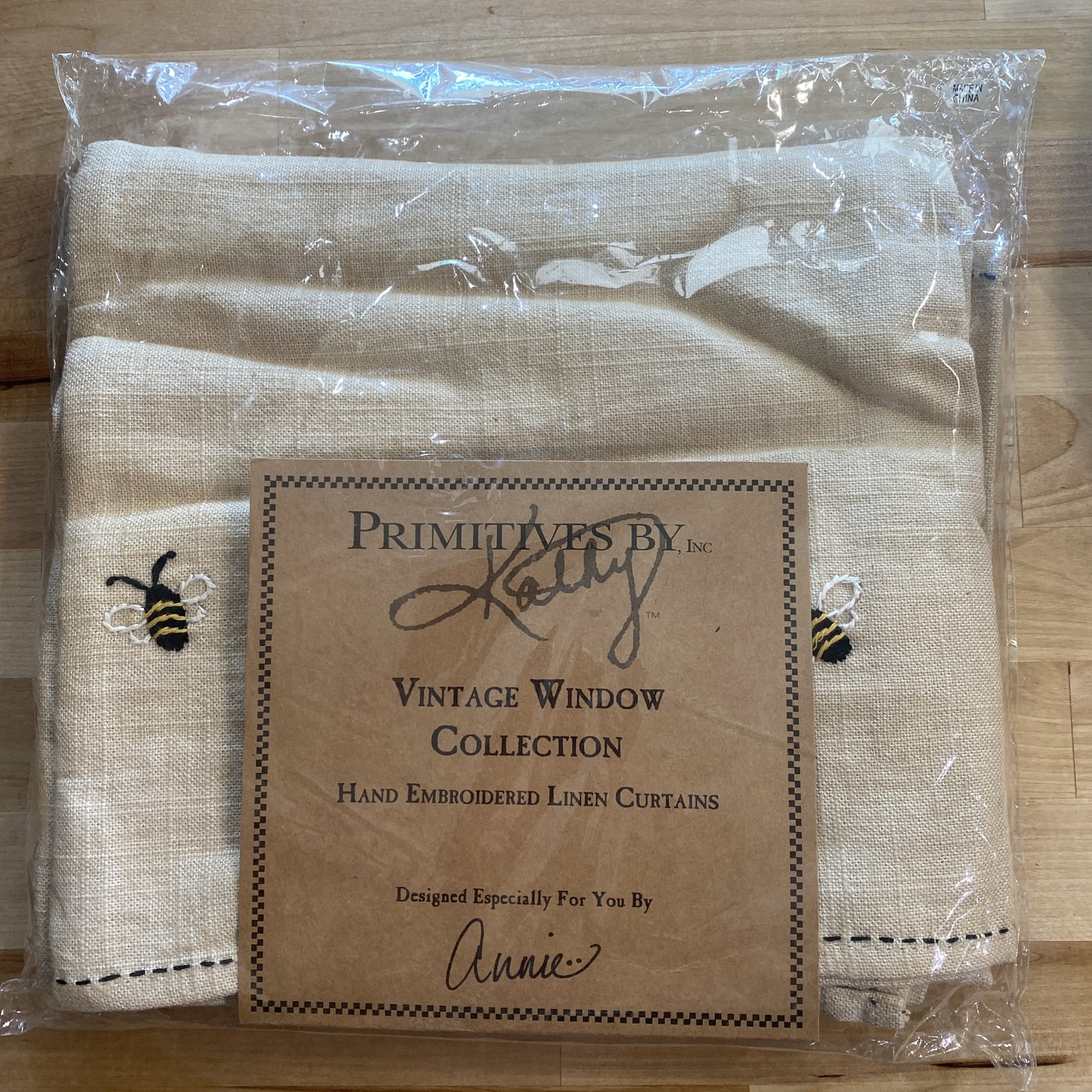 Primitives by Kathy BEE Embroidered Tier Panel Curtains 24″L x 30″W Linen NEW