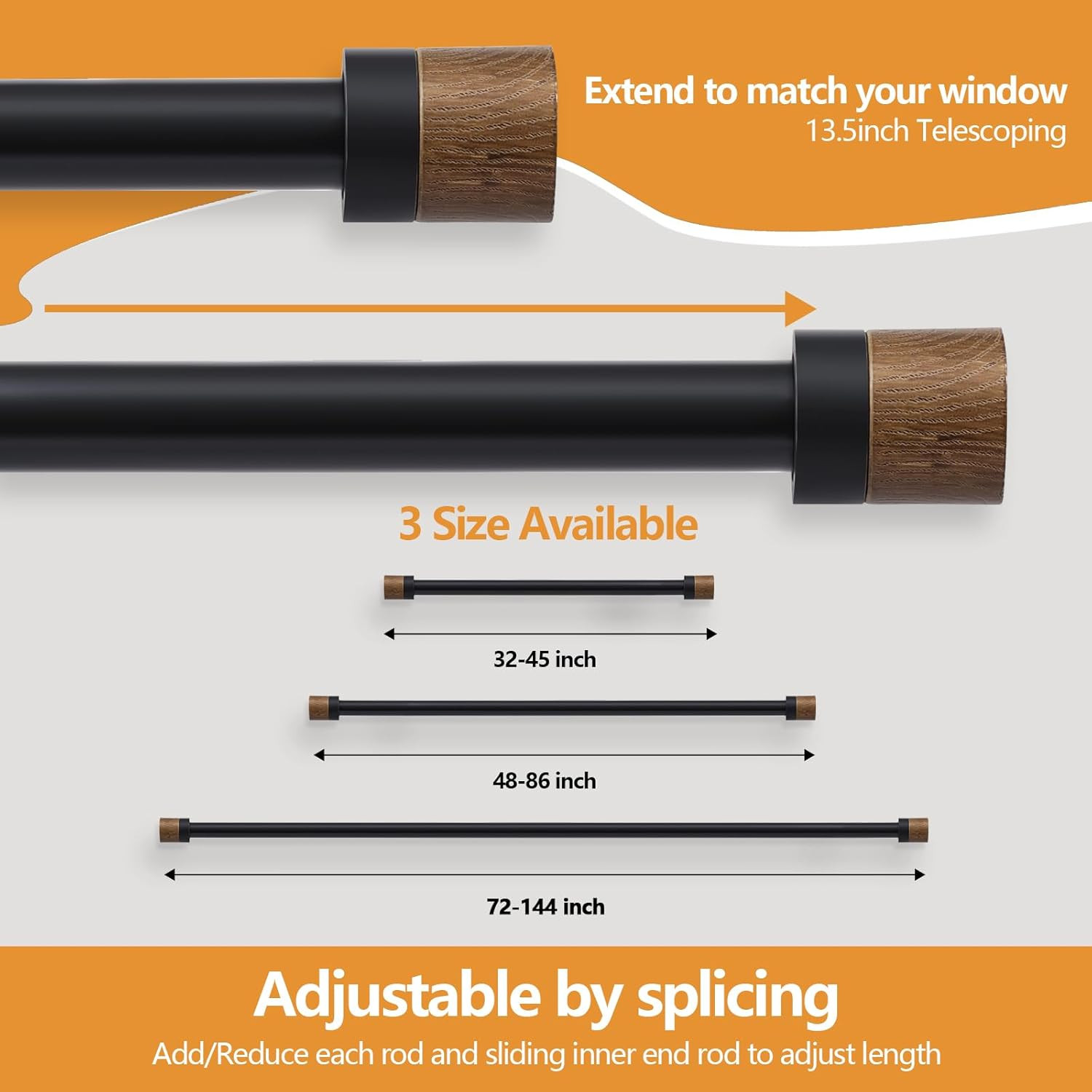 Wood Curtain Rods for Windows 48 to 84 Inches(4-7Ft),1 Inch Adjustable Window Cu