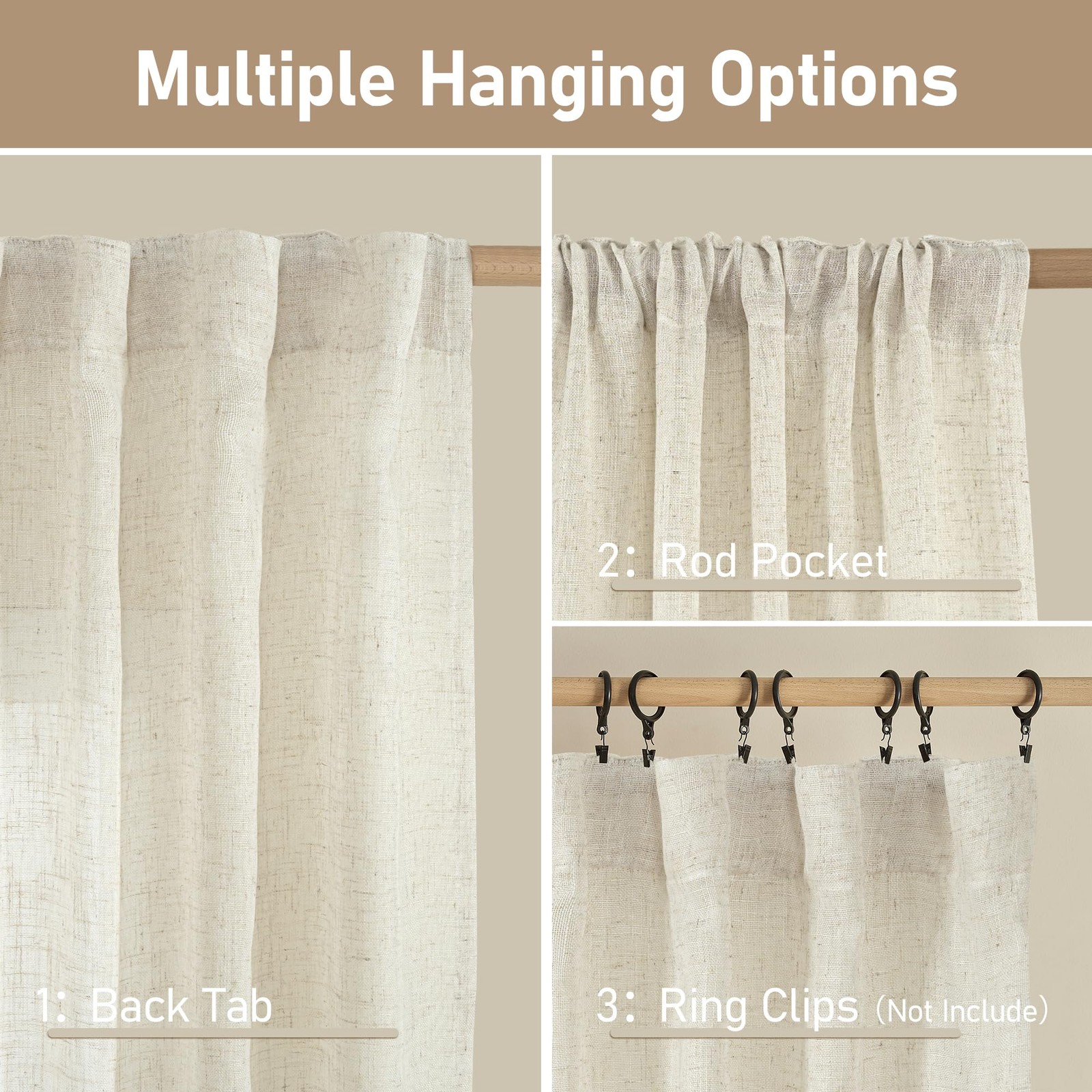 Semi-Sheer Linen Curtains, Light Filtering, Tab Back & Rod Pocket, Neutral