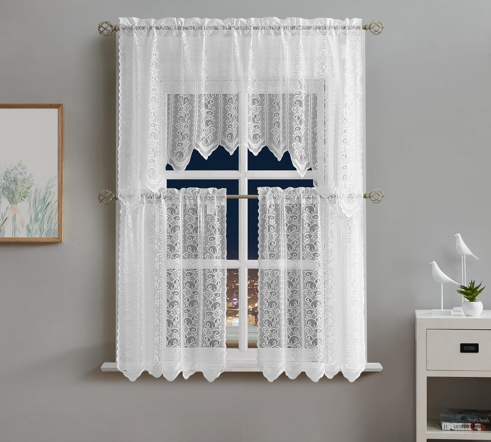 White Lace Kitchen Curtains 3 Piece Set Includes Floral Paisley Valance and a…