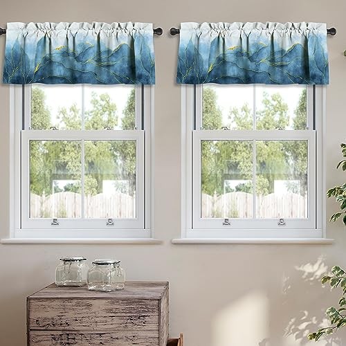 Kitchen Curtains Abstract Art Valances for 52″W x 18″L (Pack of 2) Blue Gold