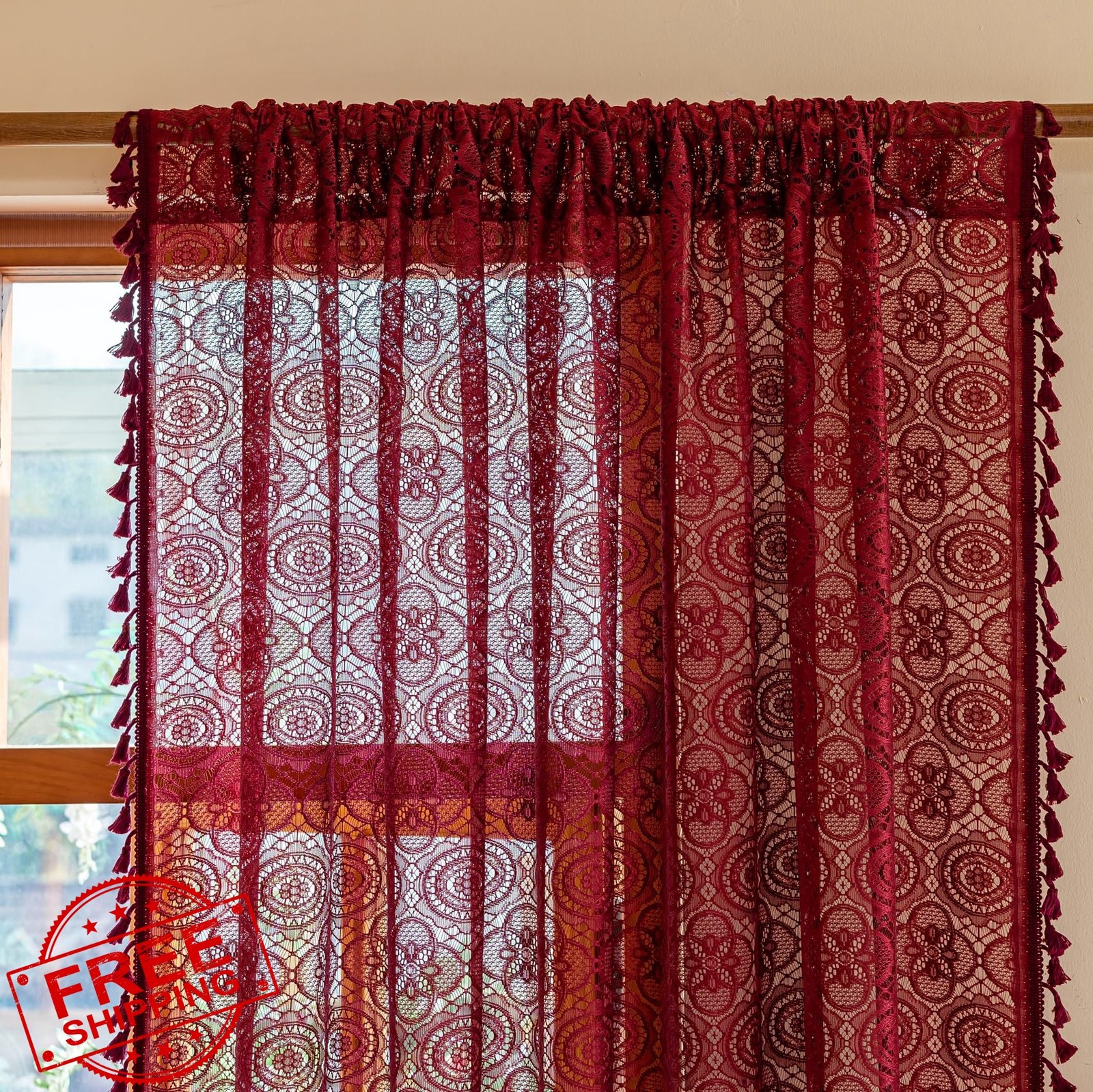 YJ YANJUN Lace Curtains Burgundy 59×63 2 Panels
