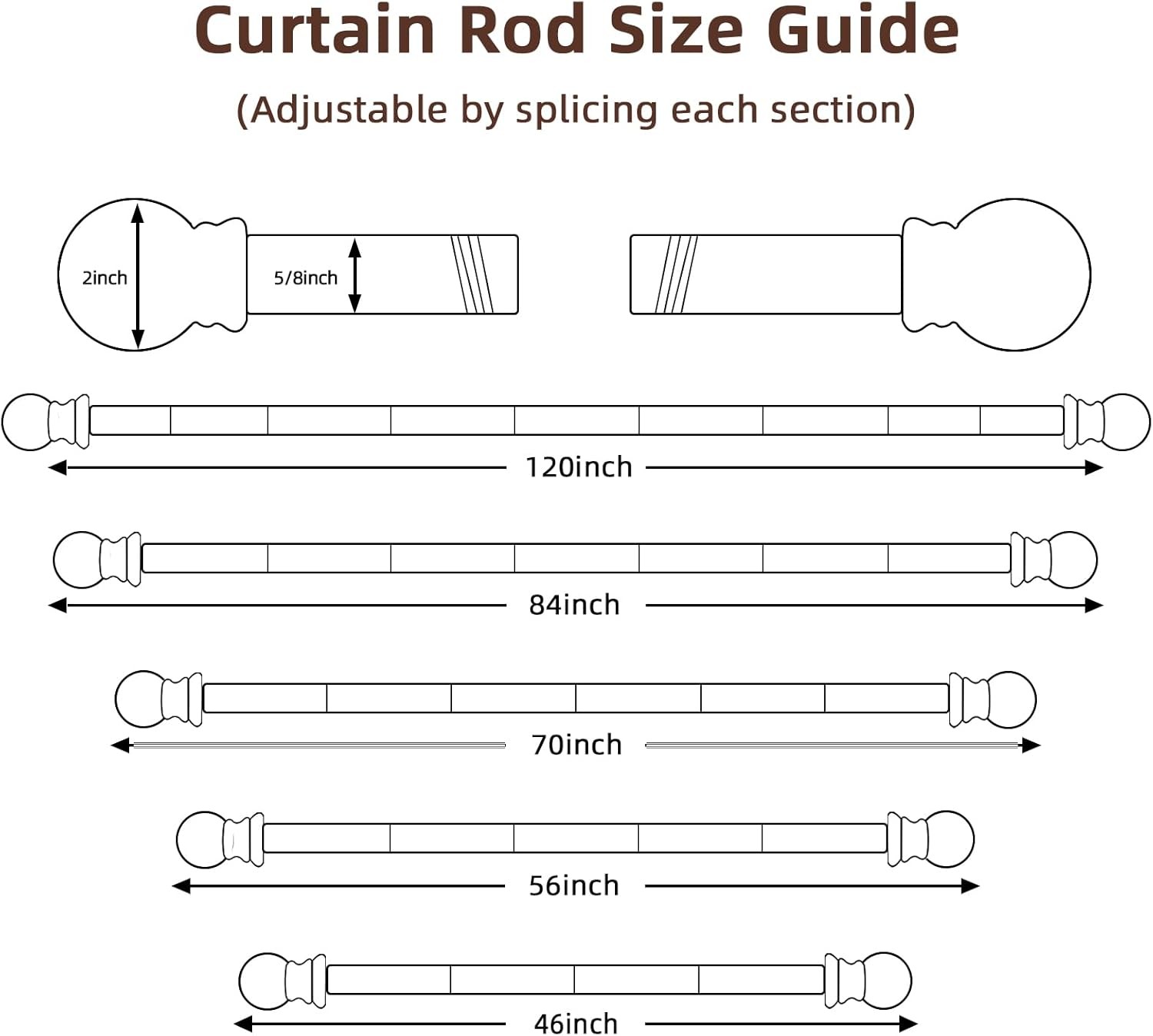5/8 Inch Black Curtain Rod Set Heavy Duty Metal Non Telescoping for Windows
