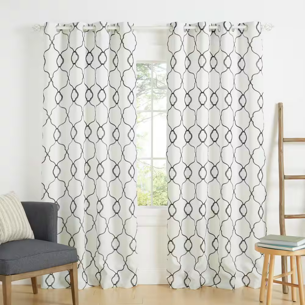 Belmont Winter/Black Trellis Room Darkening 52 In. X 96 In. Grommet Top Curtain