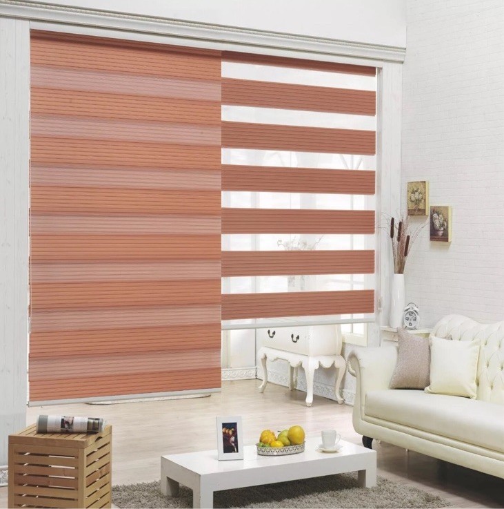 NEW Cordless Dual Layer Zebra Roller Window Blind Shade 35”W x 72” L WOOD BROWN