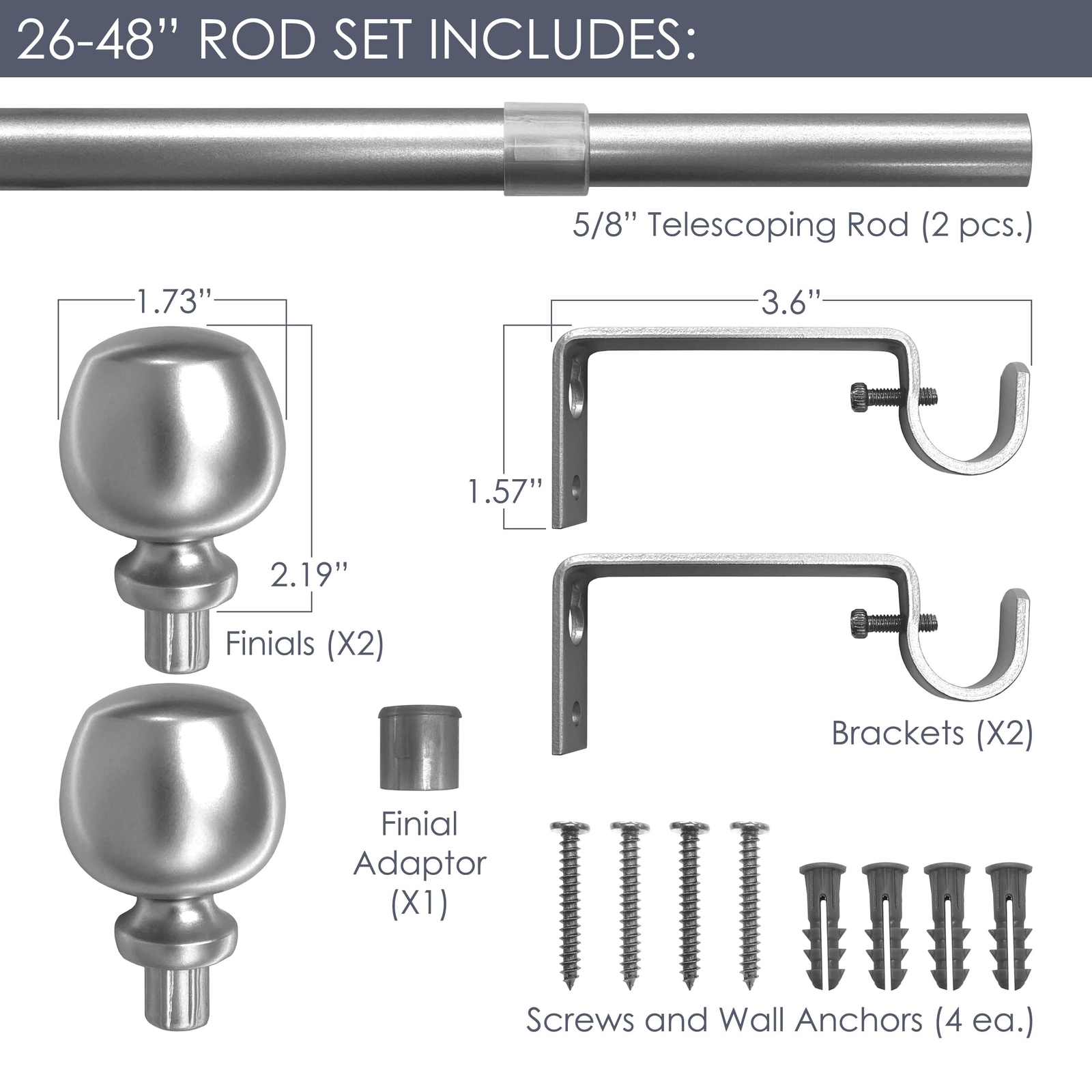 Morena Adjustable Curtain Rod Set 26-48 Inch Black 5/8 Inch Diameter