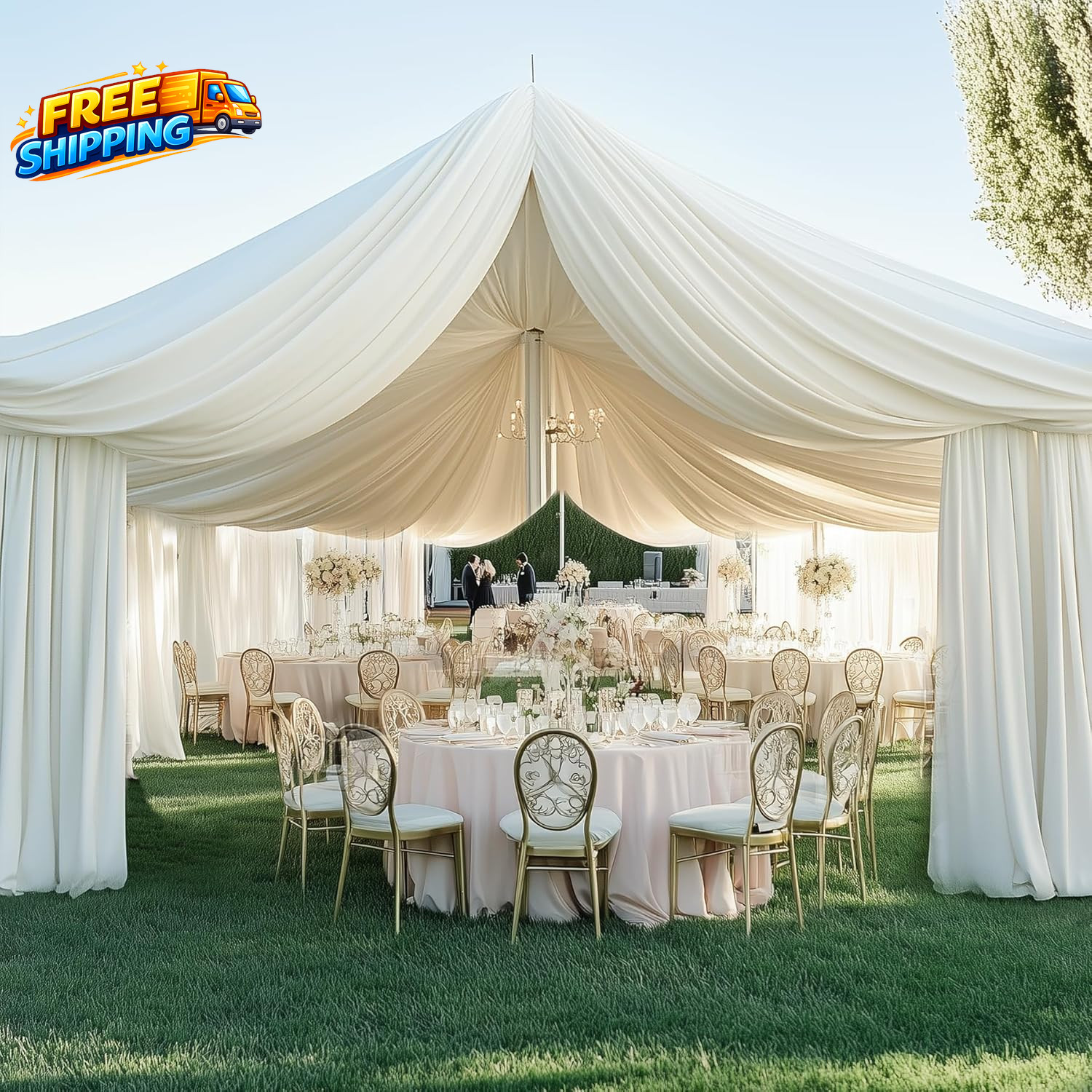 10Ft×20Ft Ivory Ceiling Drapes for Weddings Parties 2 Panels 5×20Ft Long Ceiling