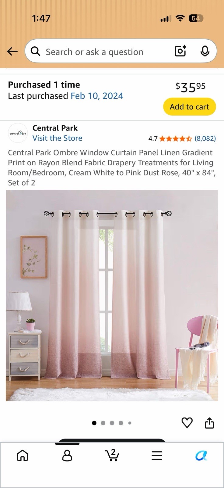Central Park Ombre Grommet Curtain Panels 40×84 Cream/Pink Set of 2 panels