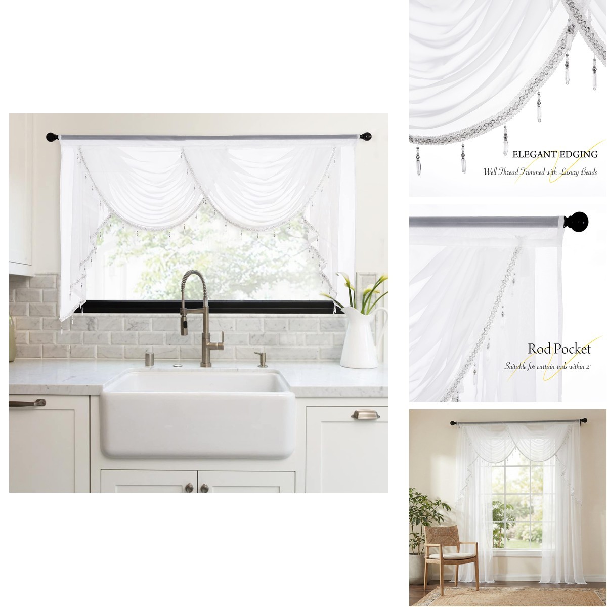 Nicetown Swag Valance For Living Room Farmhouse Waterfall Valance Kitchen Sheer