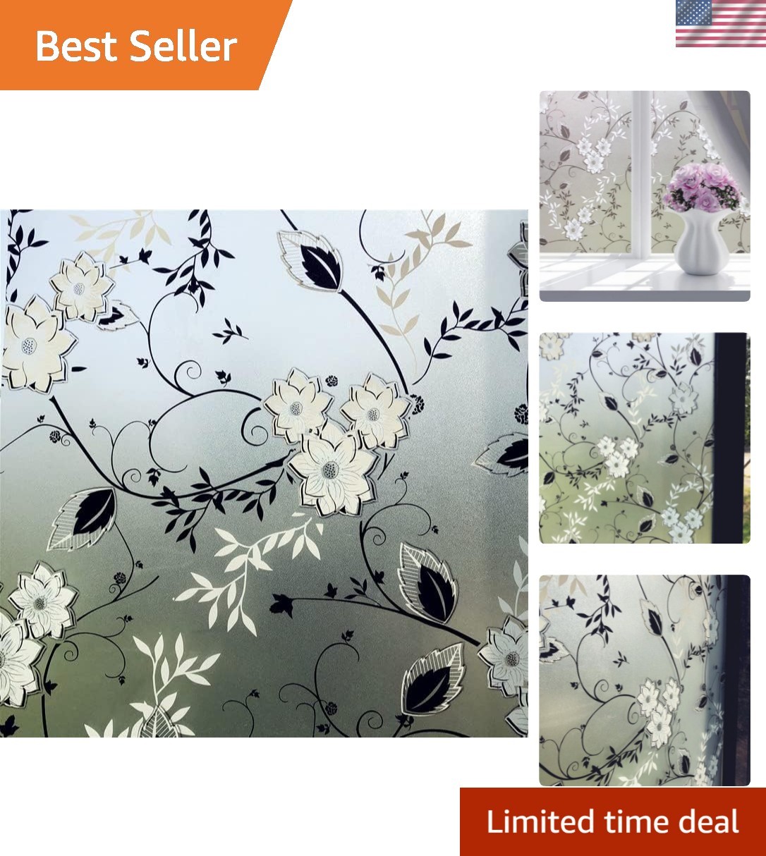 Window Privacy Film for Glass, Floral Removable Static Film, 17.5×78.7 Inch