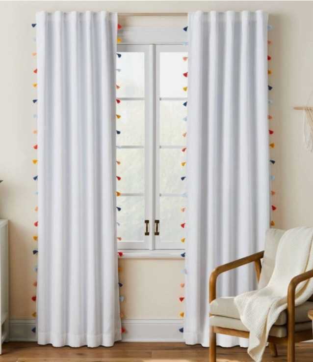 Pair Pillowfort White Tassel Blackout Curtain 42×84″ x2 Kid Bedroom Window Panel