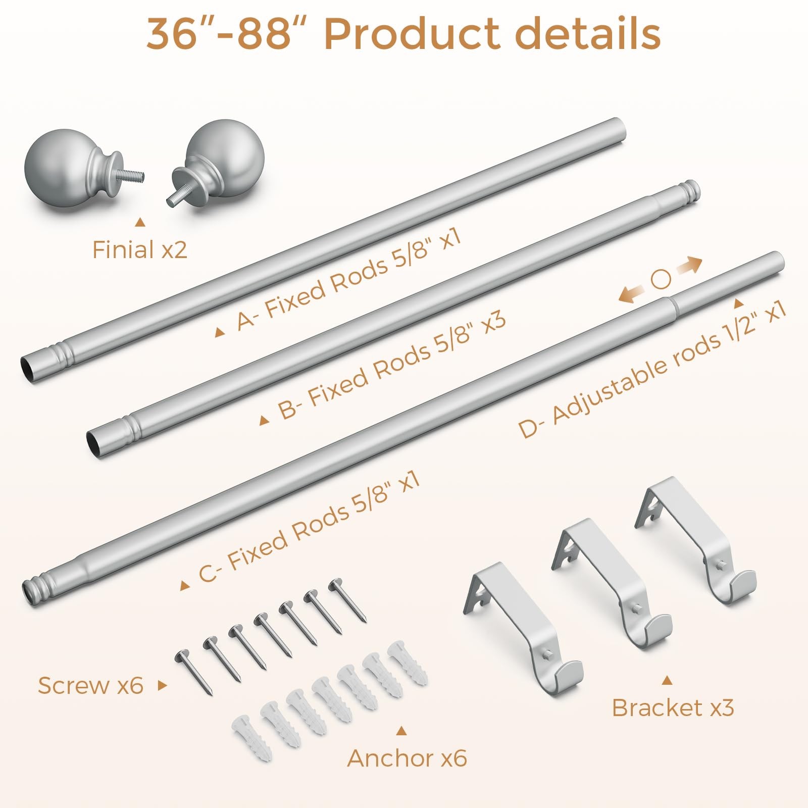 Silver Curtain Rods 48 to 84 Inches(4-7 Feet),5/8 inch Splicing Drapery Rods,…