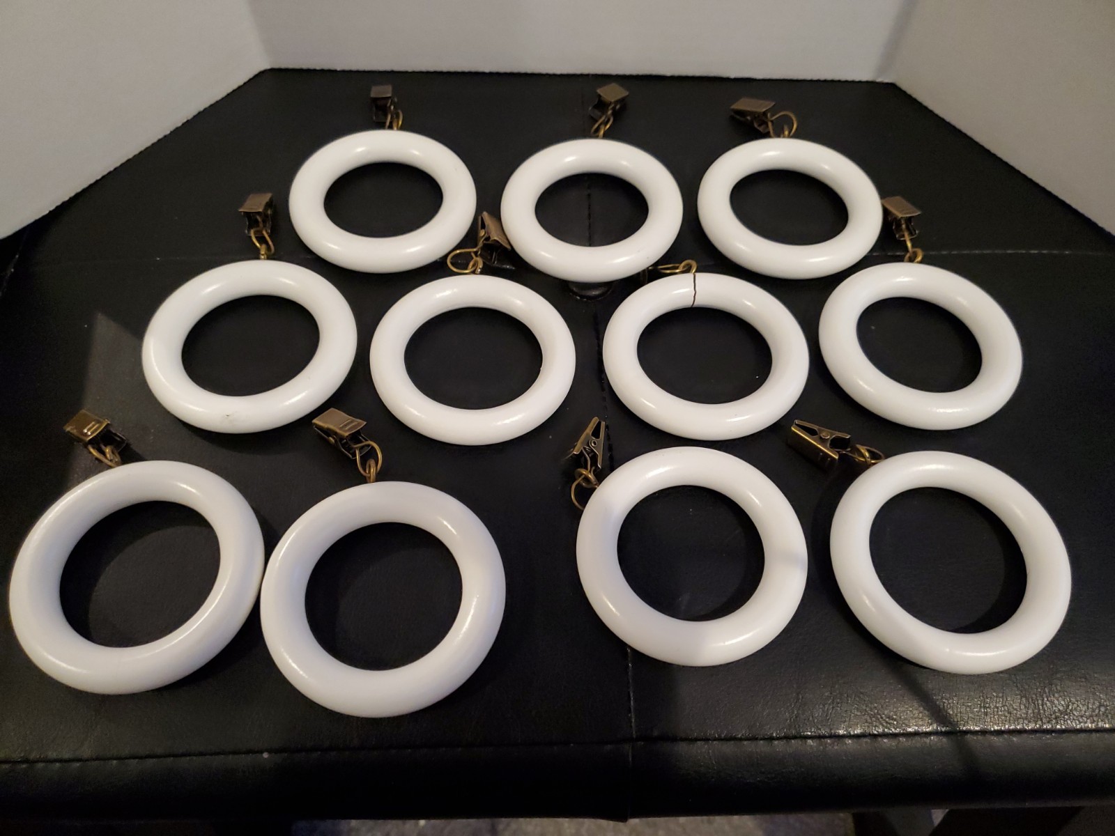 White Drapery Rings W/ Metal Clips For Curtains 3″D w/ 1-7/8″ center 11 Total.