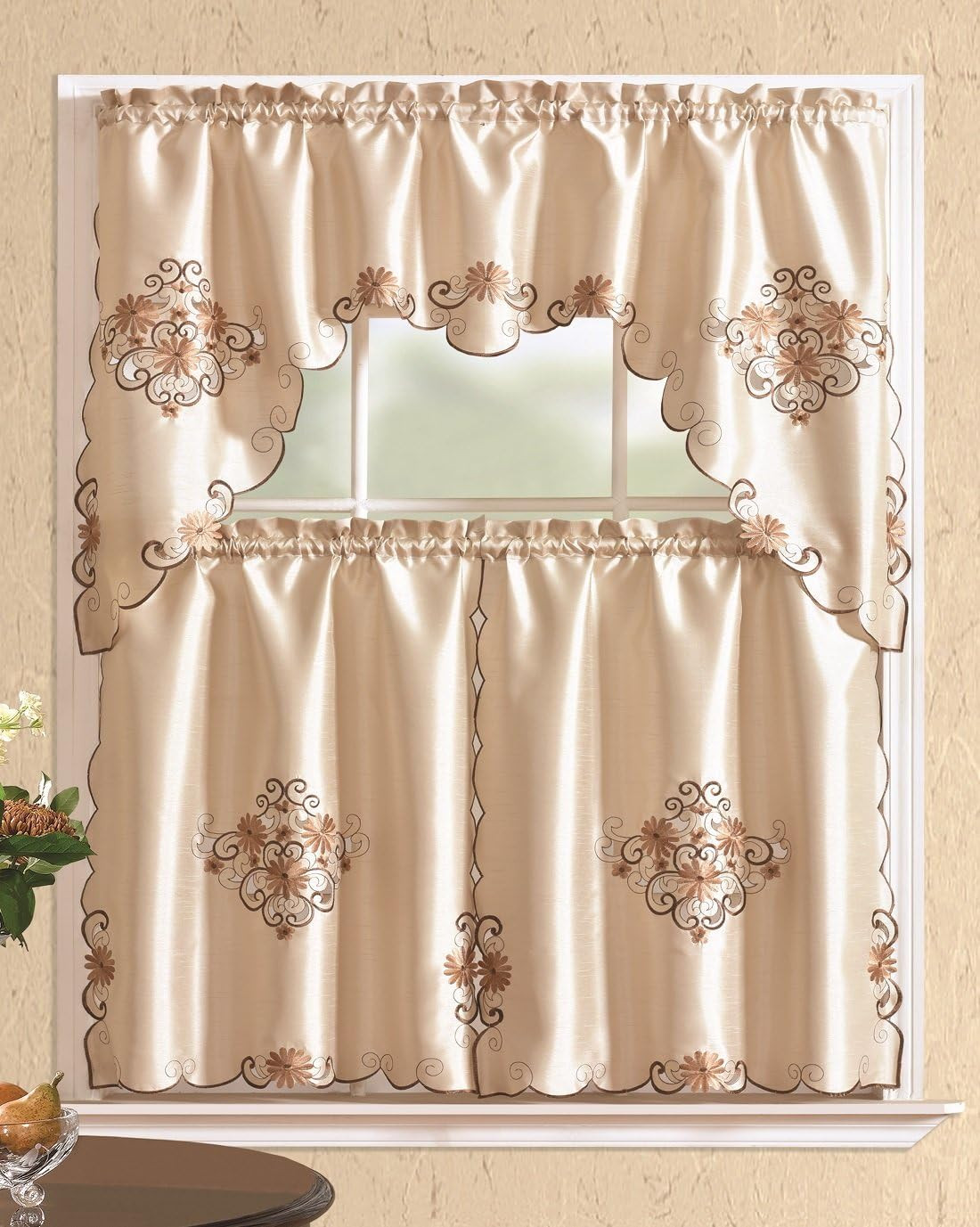 Modern Contemporary 3Pc Embroidered Home Kitchen Window Treatment Curtain Set (S