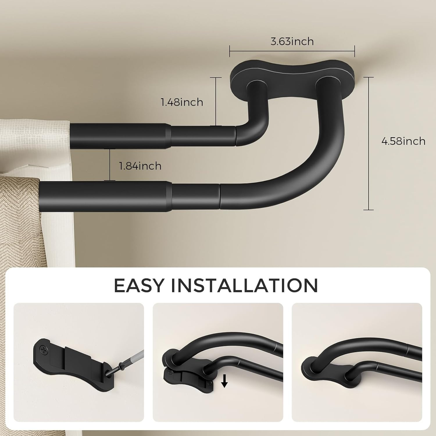 Double Curtain Rod, Black Wrap around Blackout Dual Curtain Rods for Windows 48
