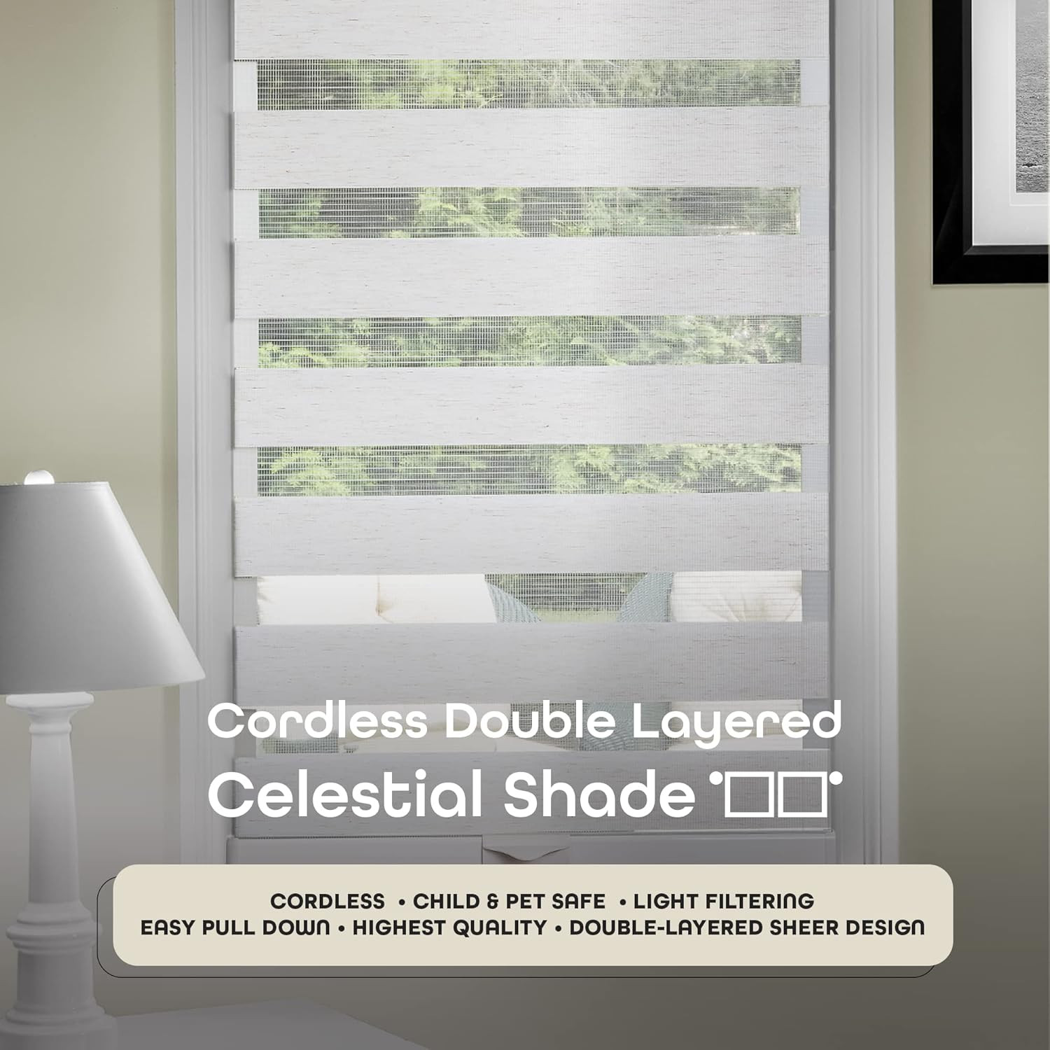 Cordless Celestial Sheer Double-Layered Window Roller Shade – 33 Inch Width X 72