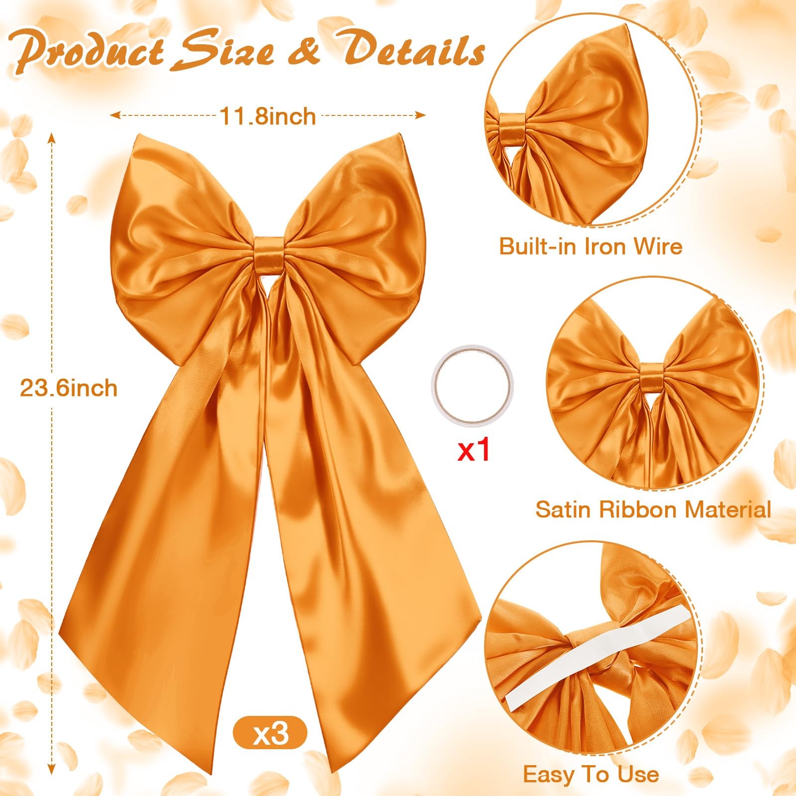 3 PCS 2 FT Large Thanksgiving Fall Bows Decorations Big Orange Satin