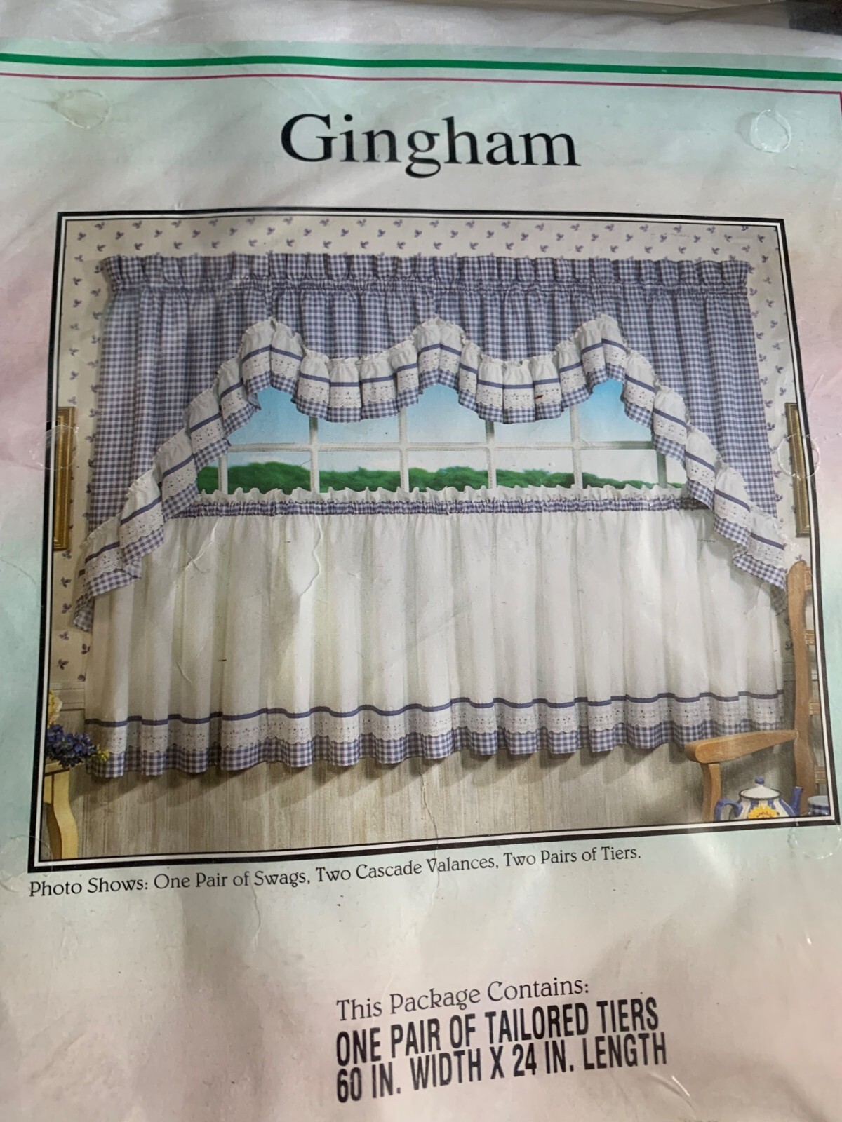 Green Gingham Tailored Tiers Curtain Set 60″ w x 24″ L New