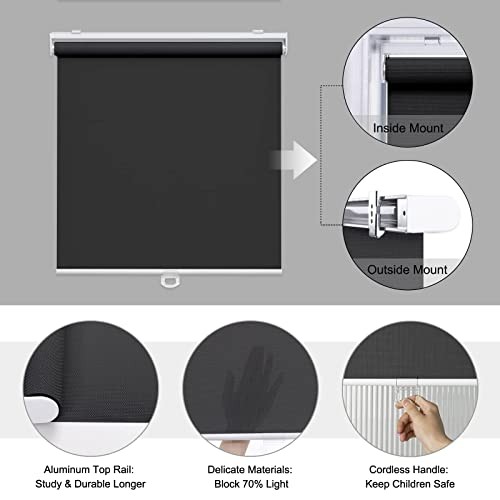 Cordless Roller Shades for Windows Light Filtering Shades 23″W x 72″H Black