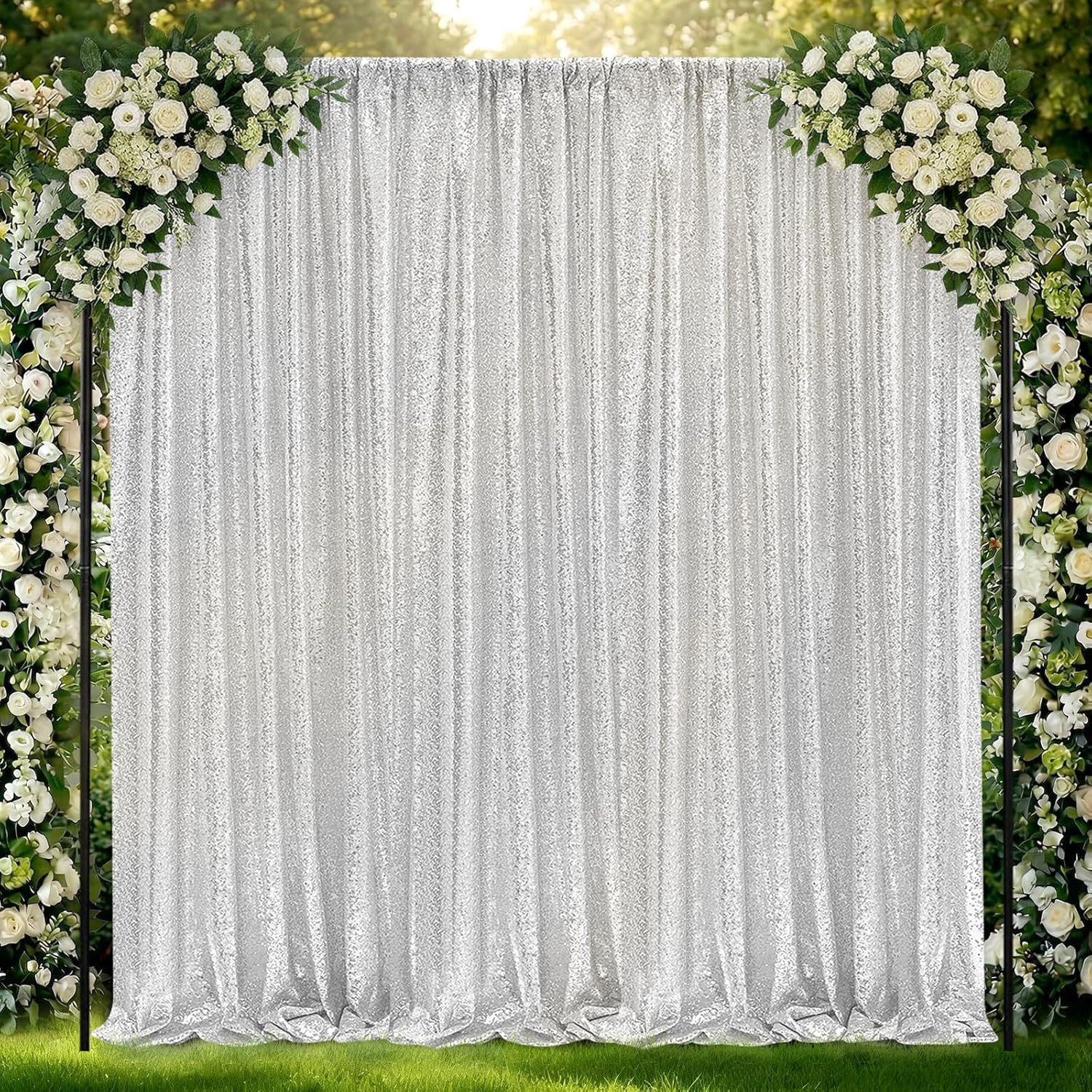 Silver Sequin Backdrop Curtains-2 Panels 2Ftx8Ft Silver Backdrop for Valentines