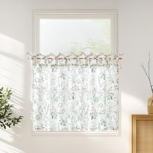 Linen Kitchen Curtain 50″W x 36″L (Pack of 1) Botanical Tie Top Sage Green
