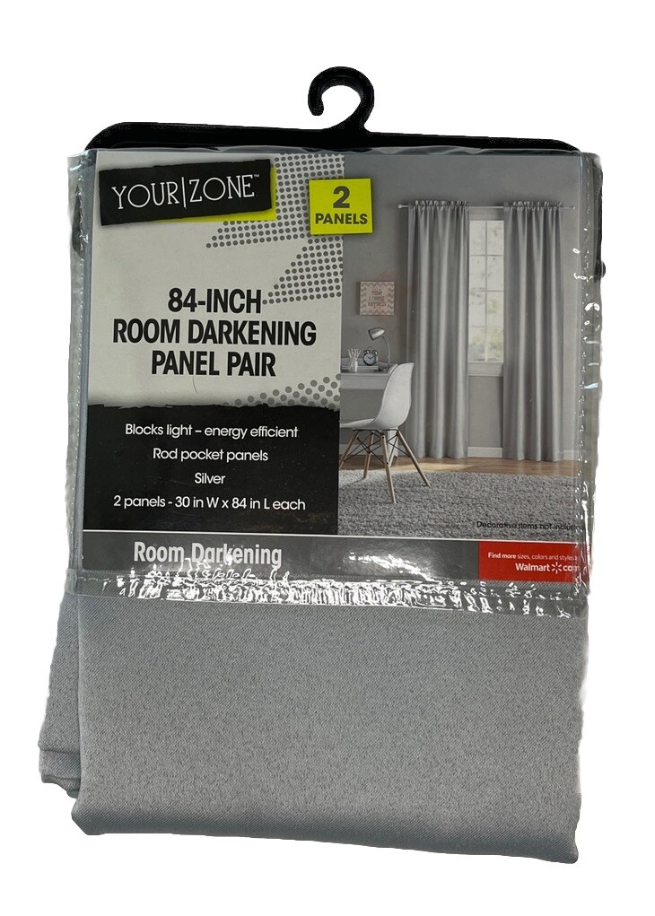 Your Zone Rod Pocket Panels Pair 84″ Room Darkening Window Curtain Grey Silver
