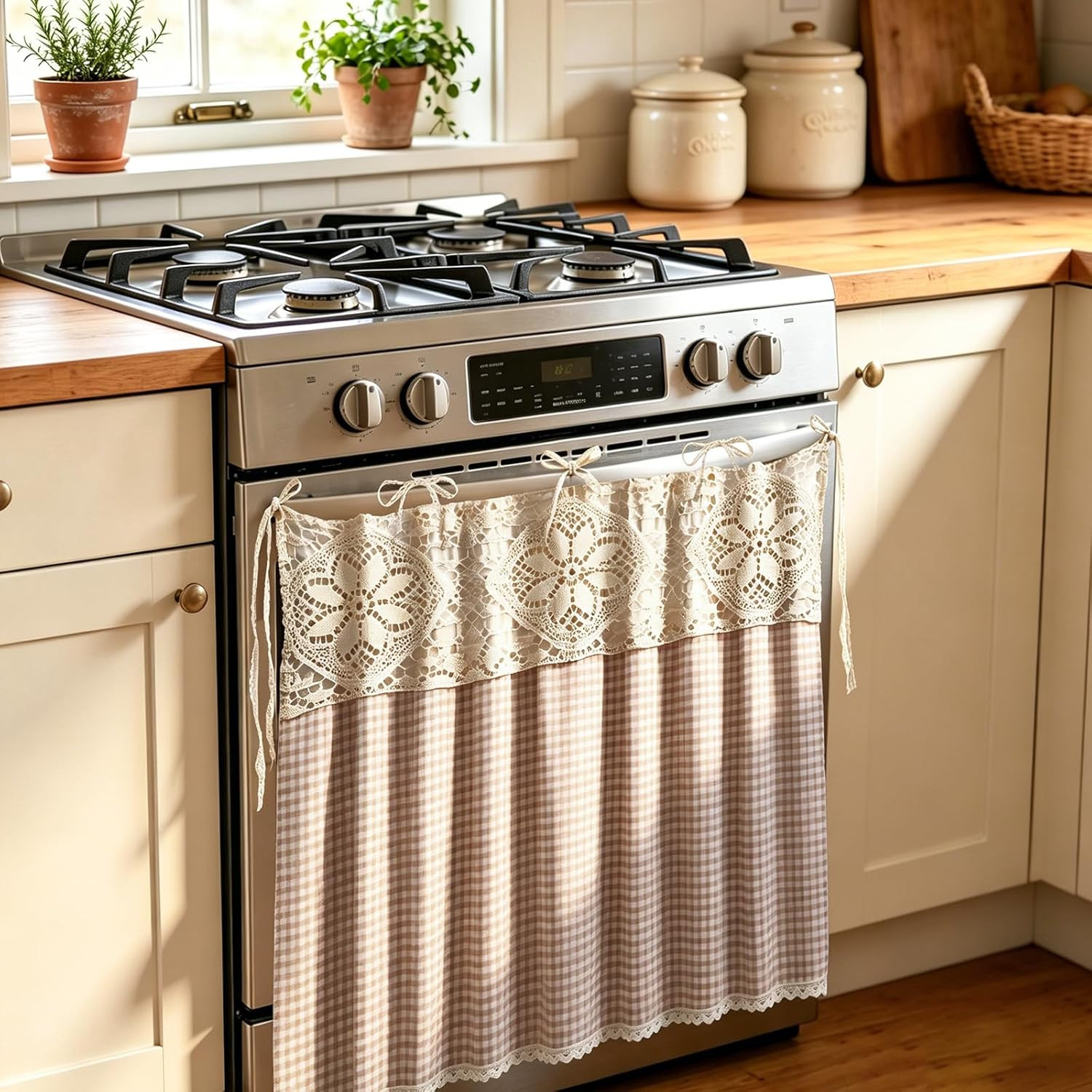 JarThenaAMCS Brown Check Oven Skirt Brown White Plaid Gingham Oven Curtain Rusti