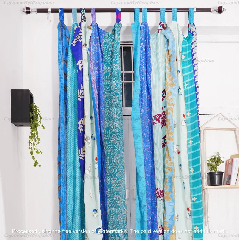2 Pc Indian Old Recycle Silk Saree Boho Multi Curtain Door Drape Decor Curtain