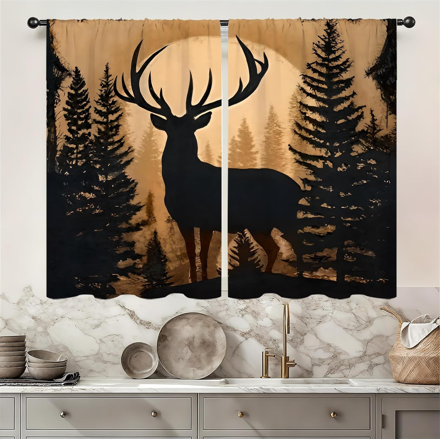 Forest Theme Rustic Deer Pine Kitchen Curtains Country Vintage Retro Cabin Lodge