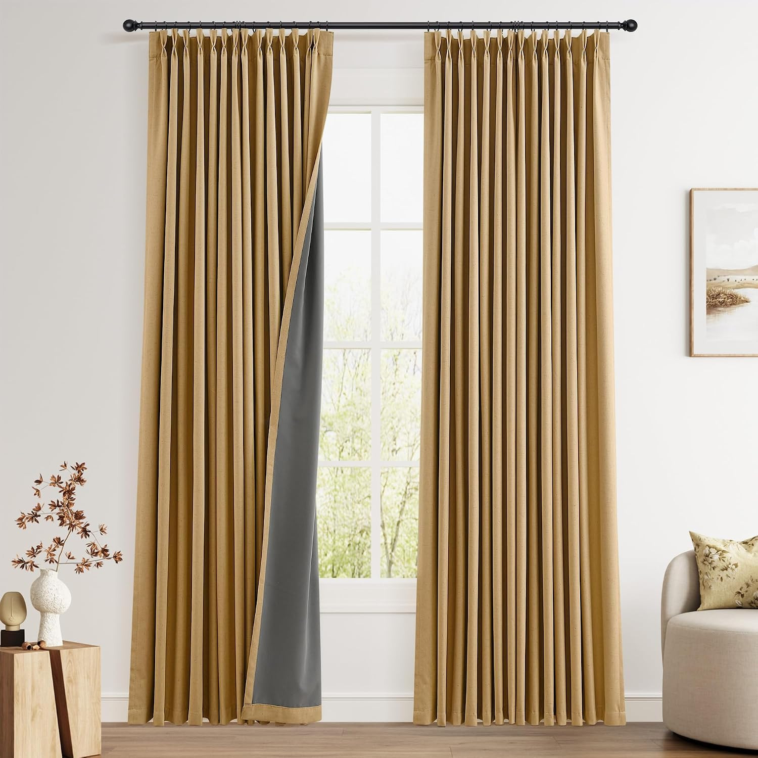 Camel Brown Pinch Pleated 100% Blackout Linen Curtains 2 Panels Linen Blend