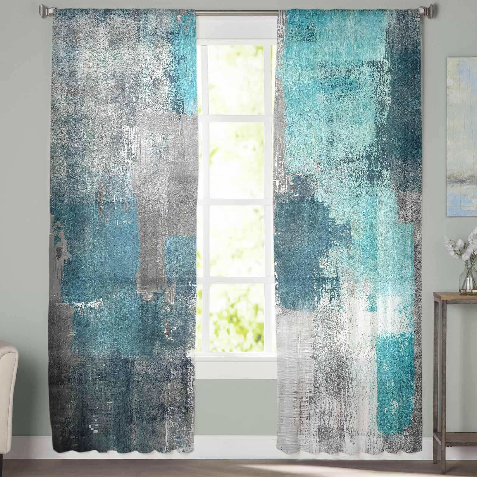 Turquoise Blue Grey Sheer Curtains 72 Inch Length 2 Panels Set for Living Roo…