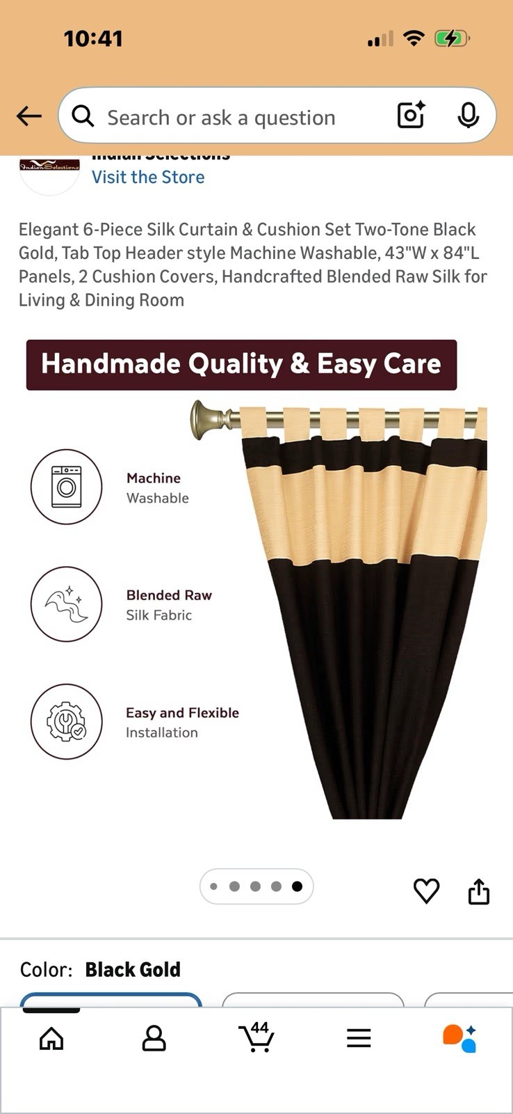 Silk Curtain & Cushion Set Black Gold Tab Top 43×84″