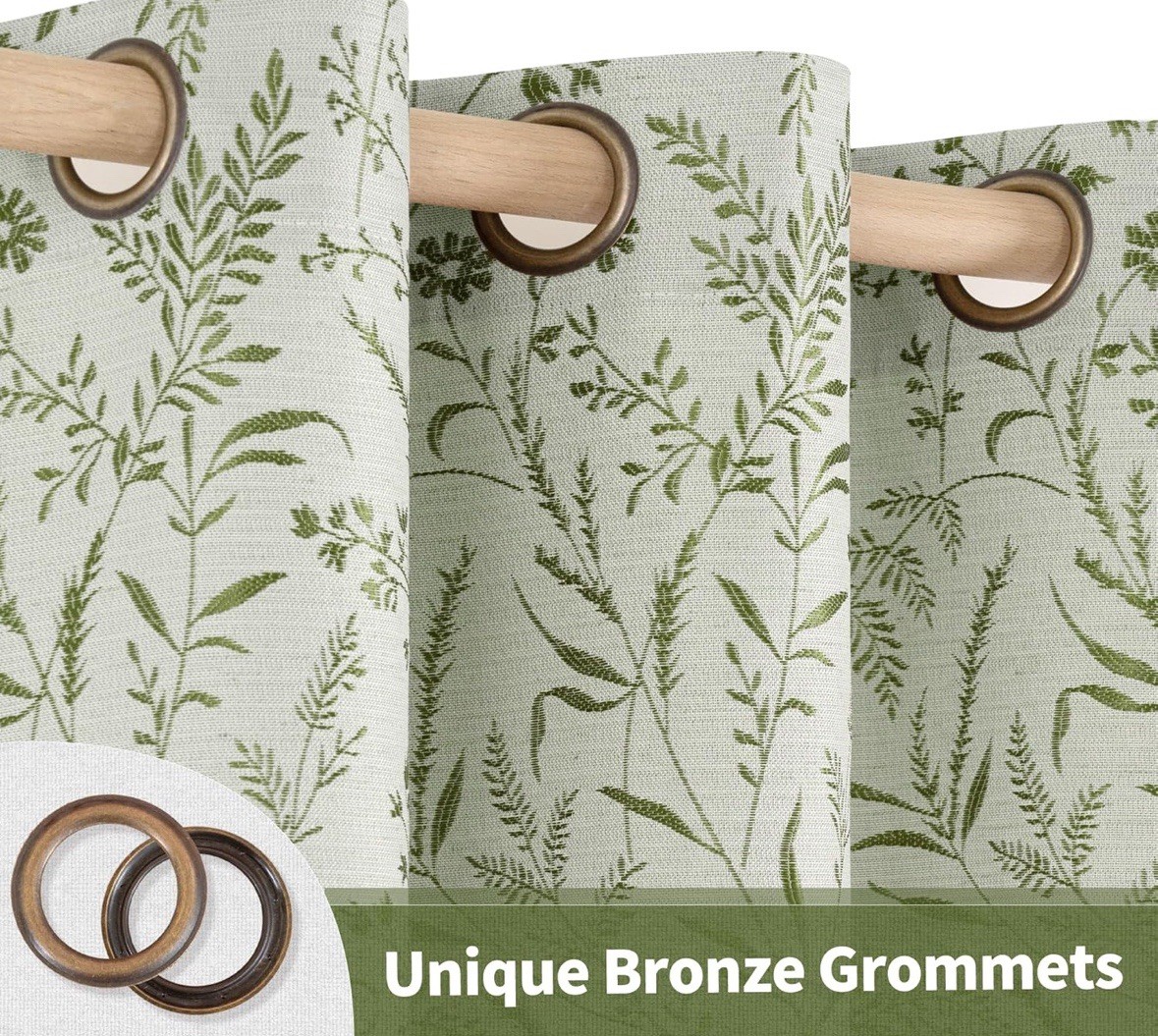 52×84 Bgment Green Leaf Linen Blend Curtains With Grommets 2 Panels