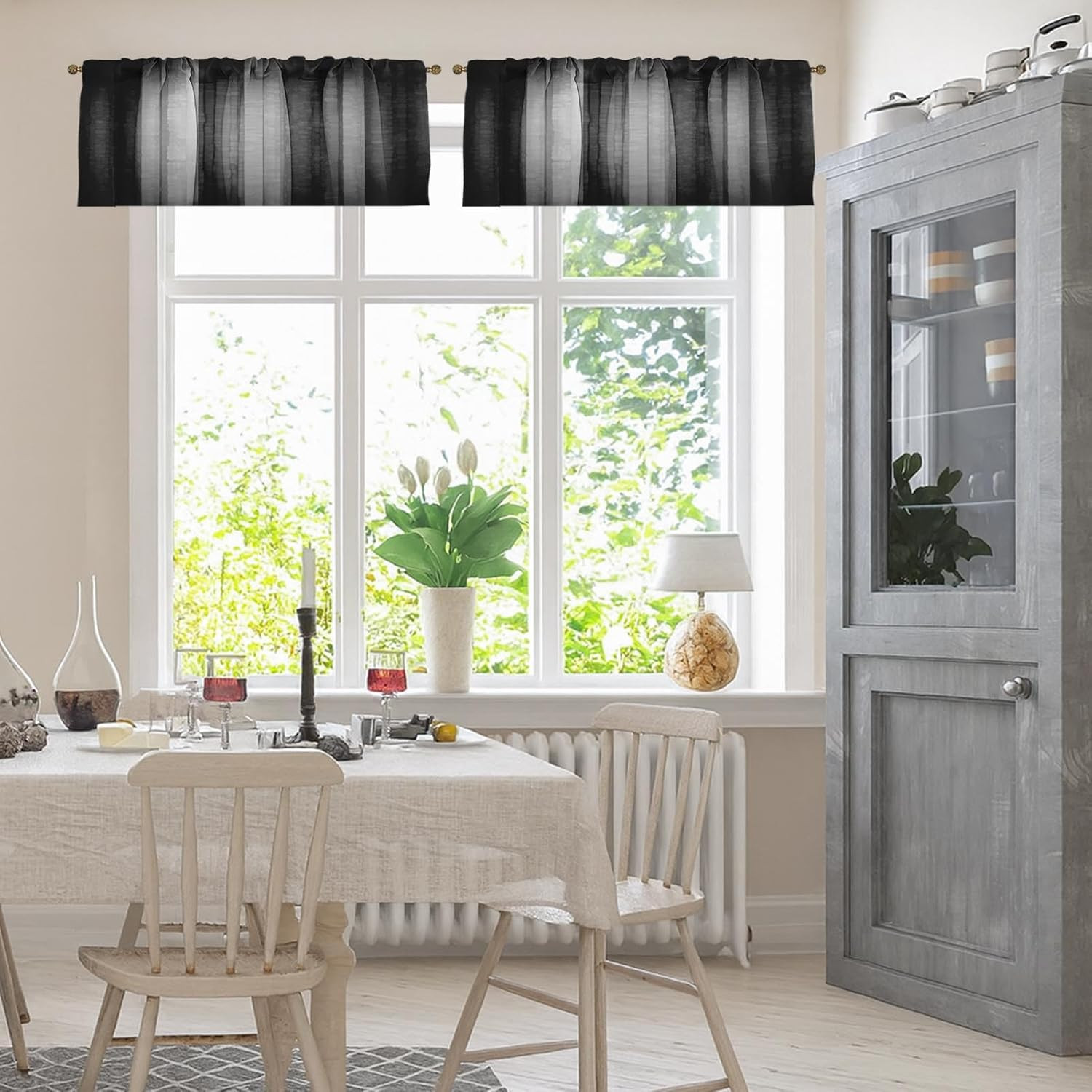 2 Pack Dark Grey Valances Window Treatments, Gray Striped Abstract Blackout Drap