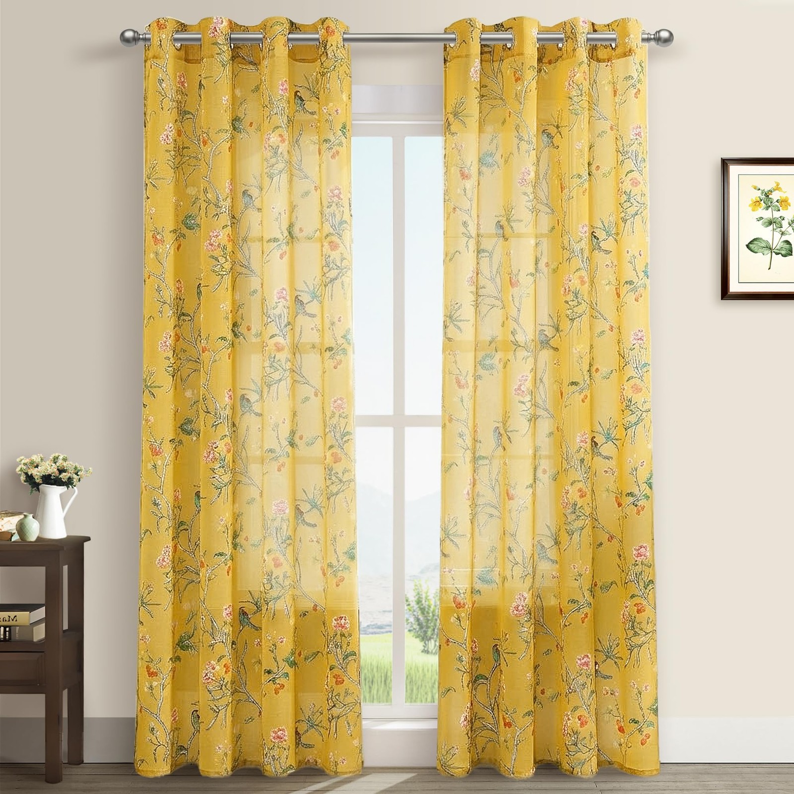XTMYI Mustard Yellow Floral Sheer Curtains, 52″W x 84″L (Pack of 2),