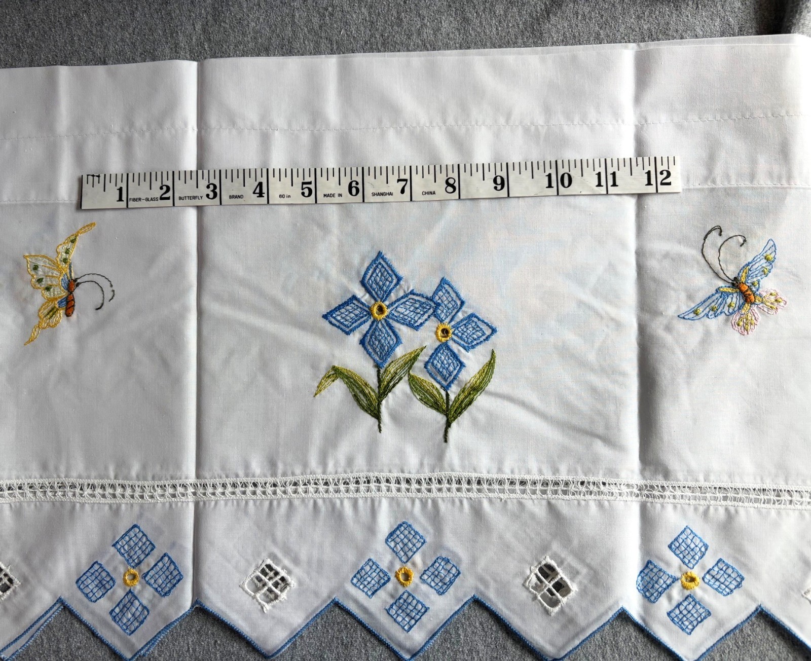 Embroidered Topper Valance Cutwork 12x68in. Butterflies Blue Flowers Rod Pocket