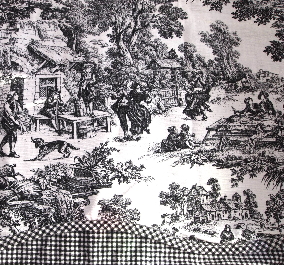 French Country Valance Black & off White toile & Gingham scalloped 67″ (2)