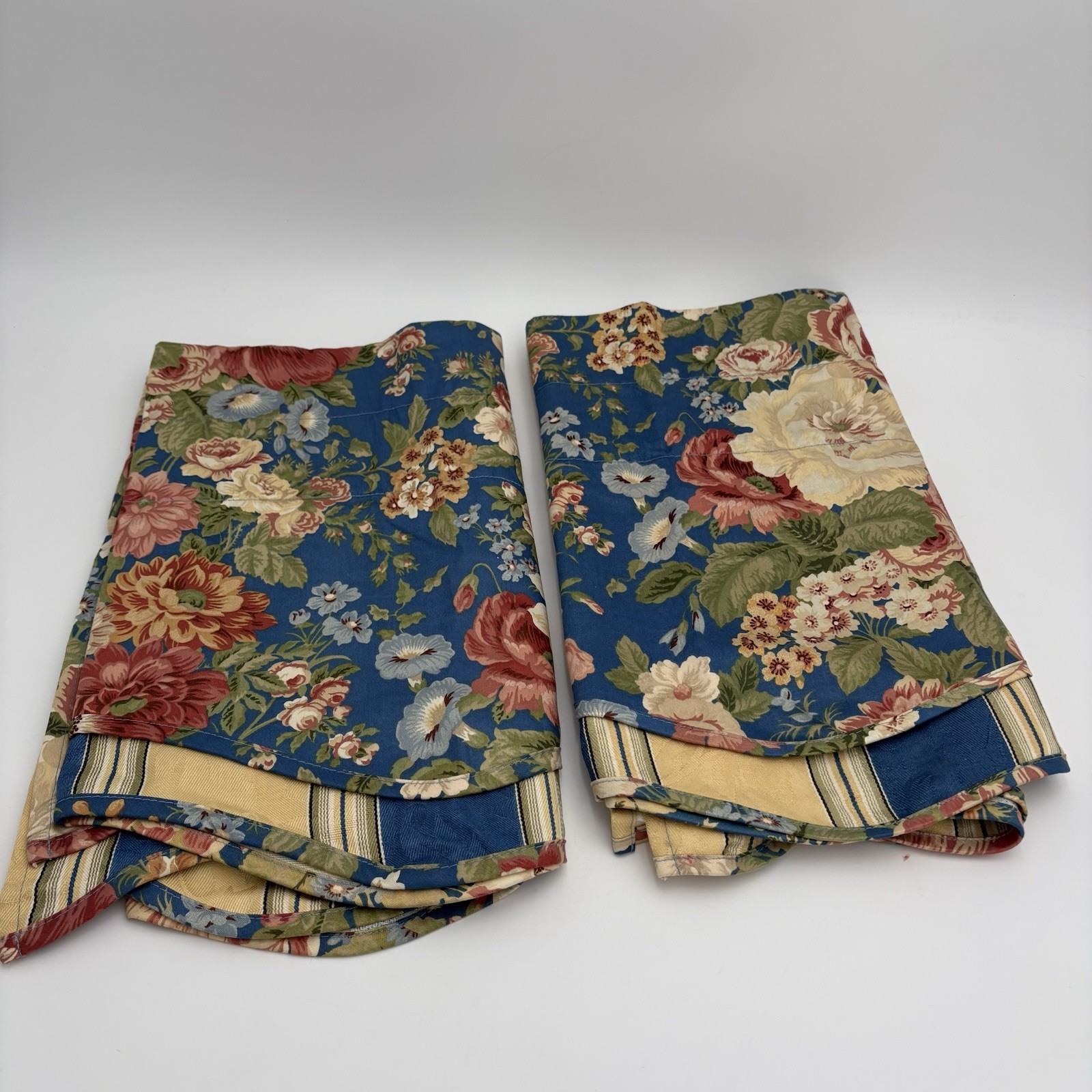WAVERLY VILLA CARLOTTA Blue Floral Window Valance 2-Tier Stripes 76×15″ Set Of 2